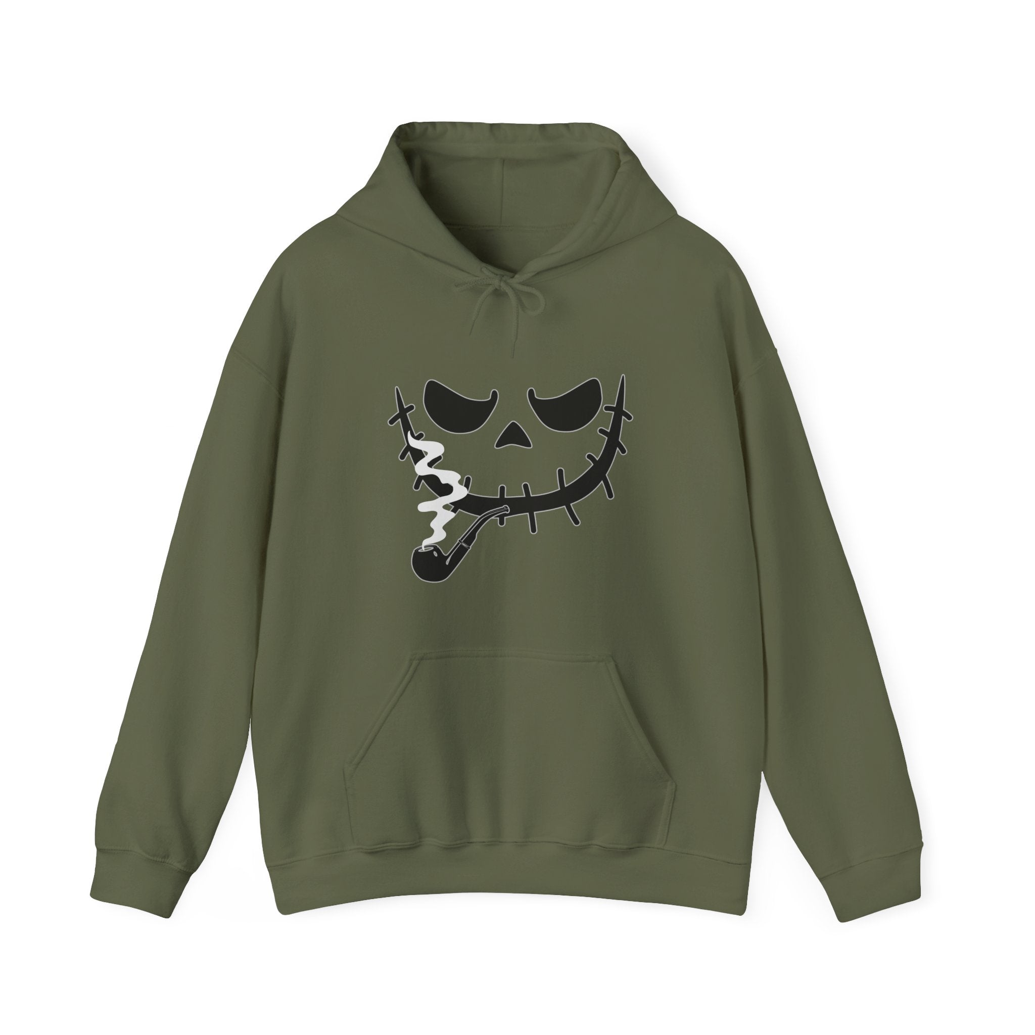 Military green hoodie with a black skeleton face design on a white background