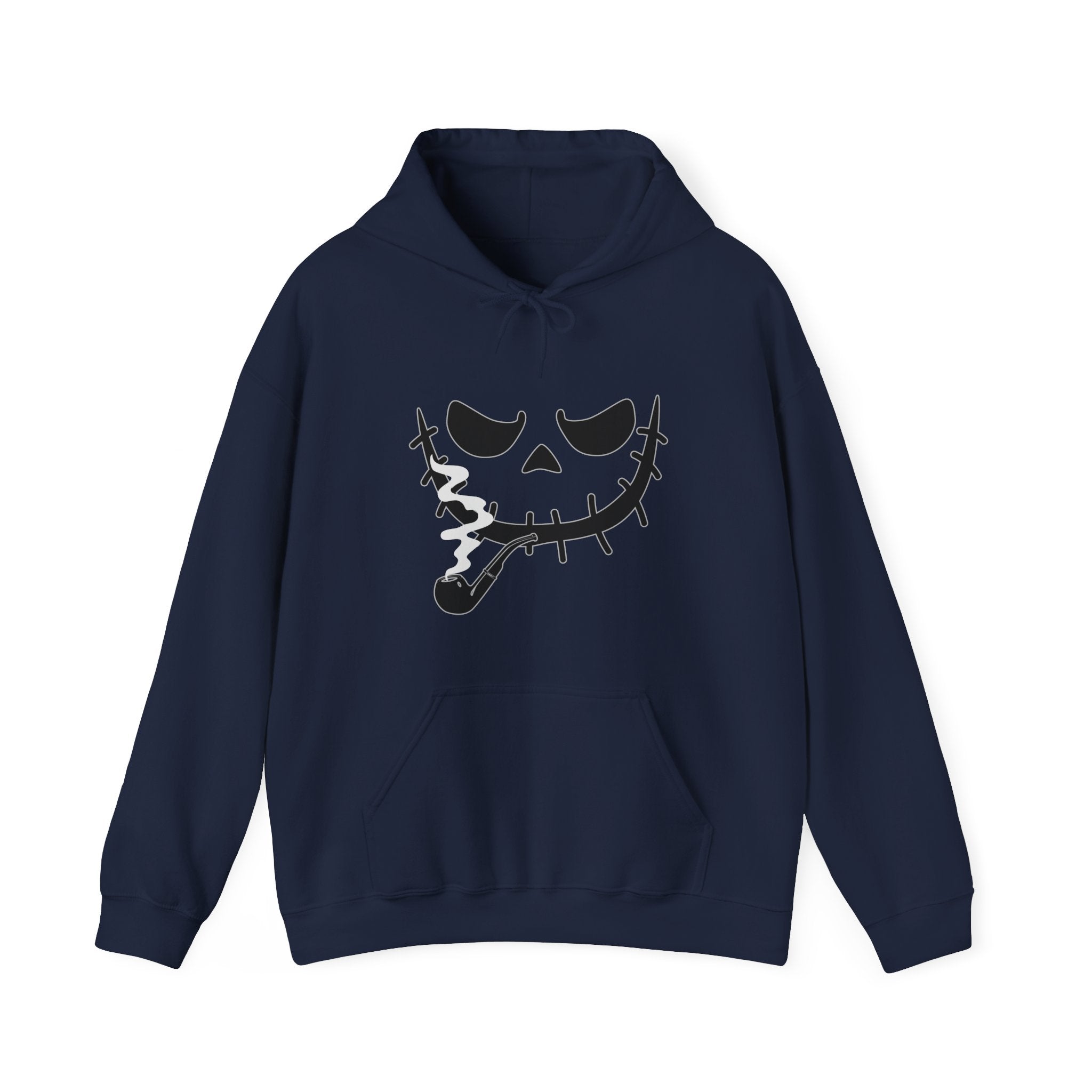 Navy blue hoodie with a black graphic design on a white background