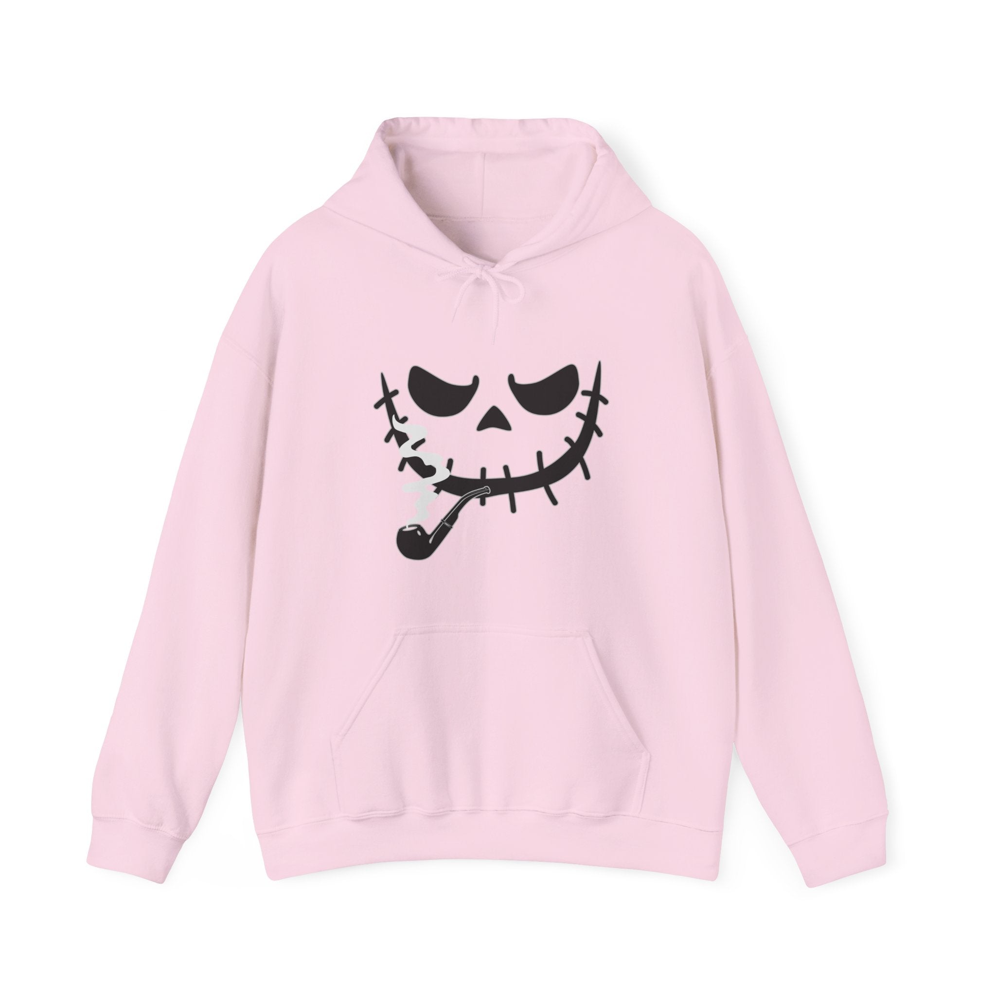 Pink hoodie with a black skull design on a white background