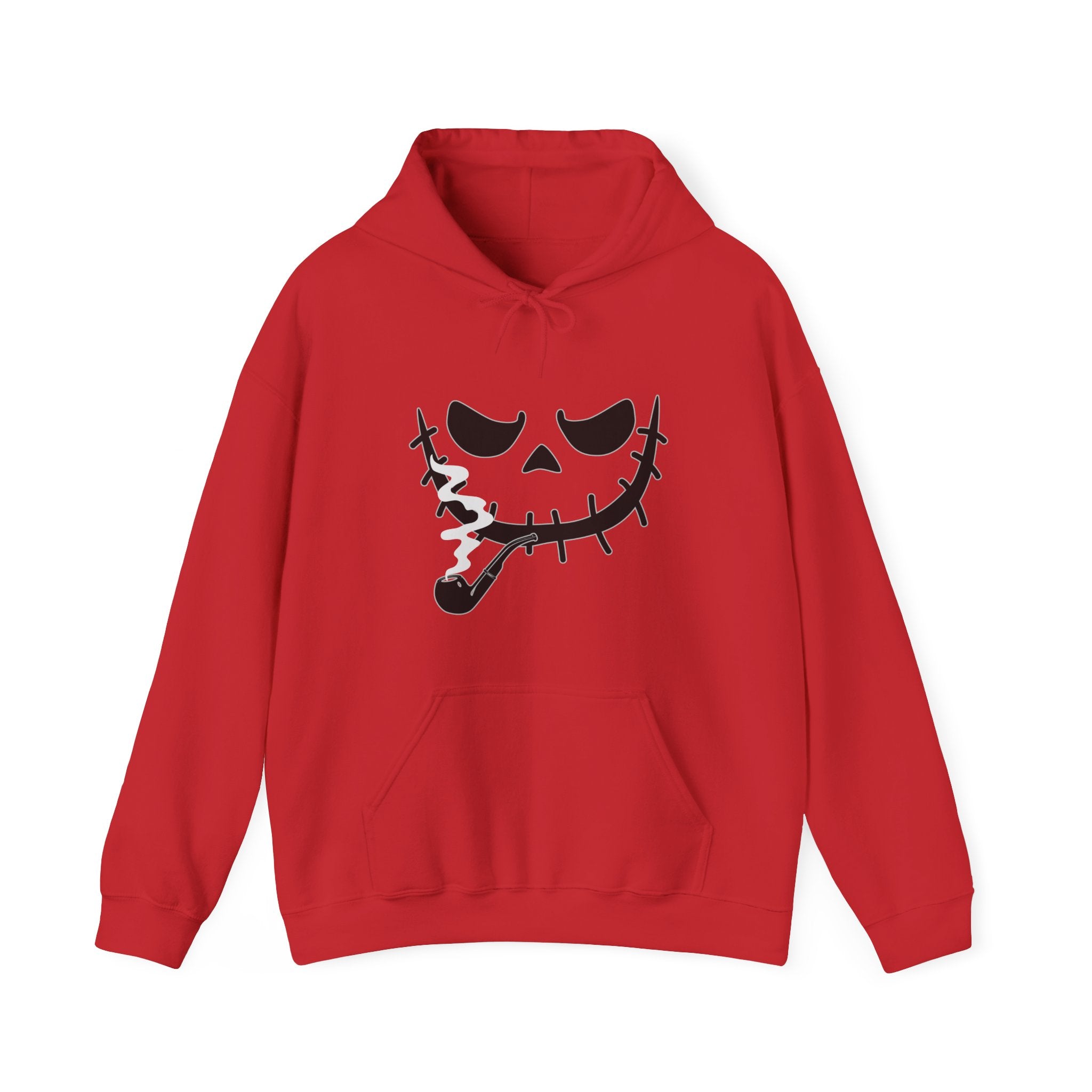 Red hoodie with a black pumpkin face design on a white background
