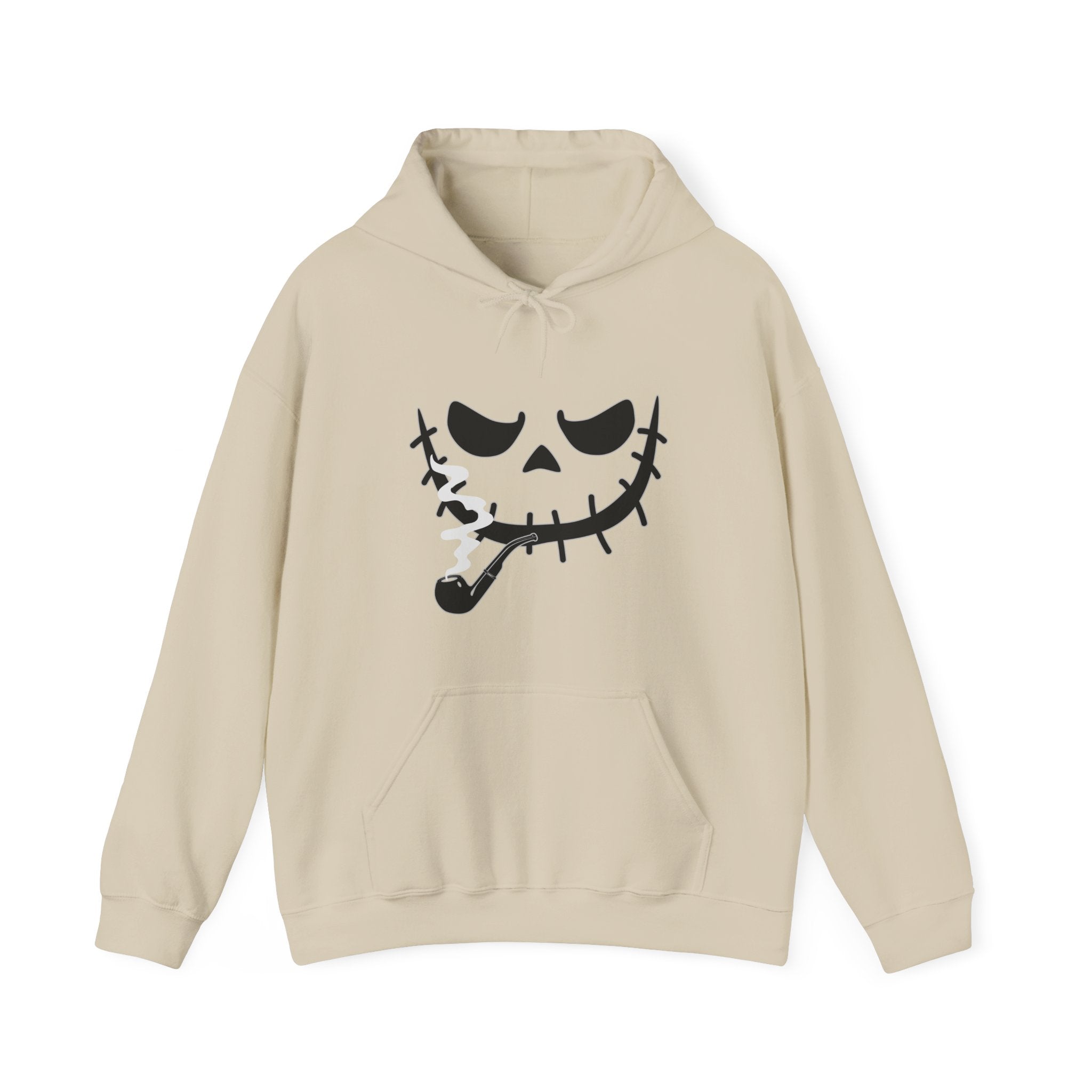 Beige hoodie with a black skull design on a white background