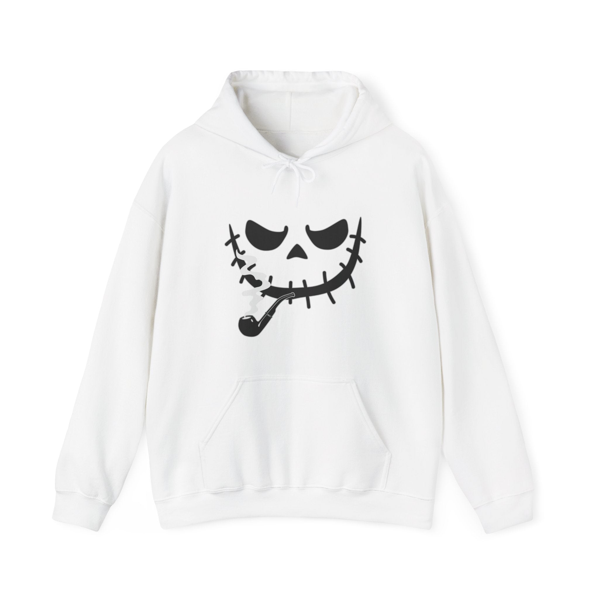 White hoodie with a black skull design on a white background