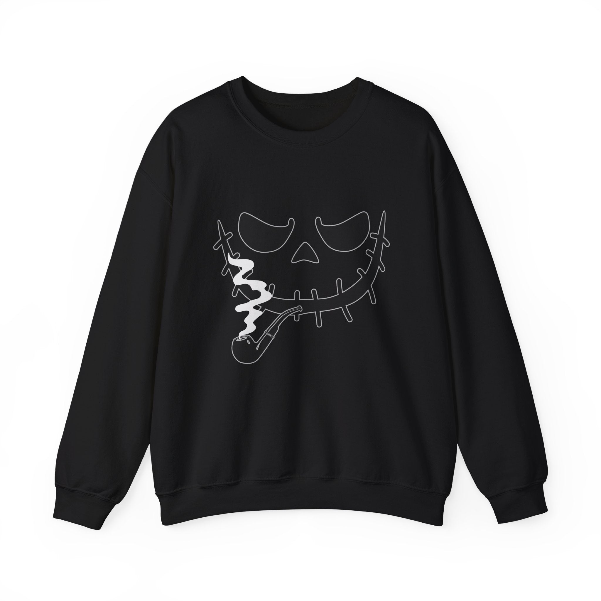 Black sweatshirt with a smoking monster skull design on a white background