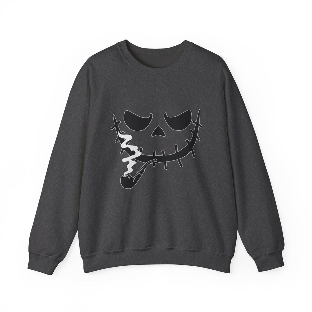 Dark gray sweatshirt with a smoking monster skull design on a white background