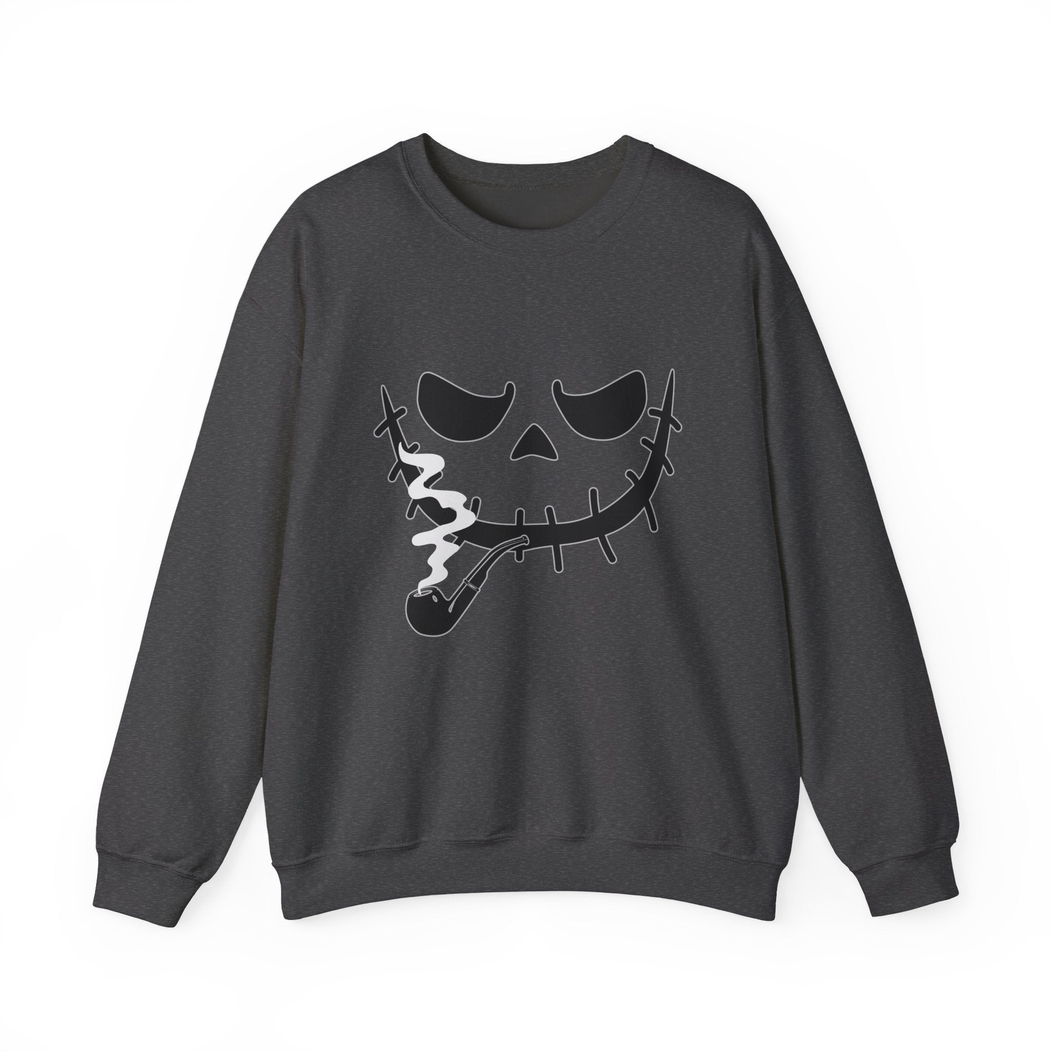 Dark gray sweatshirt with a smoking monster skull design on a white background