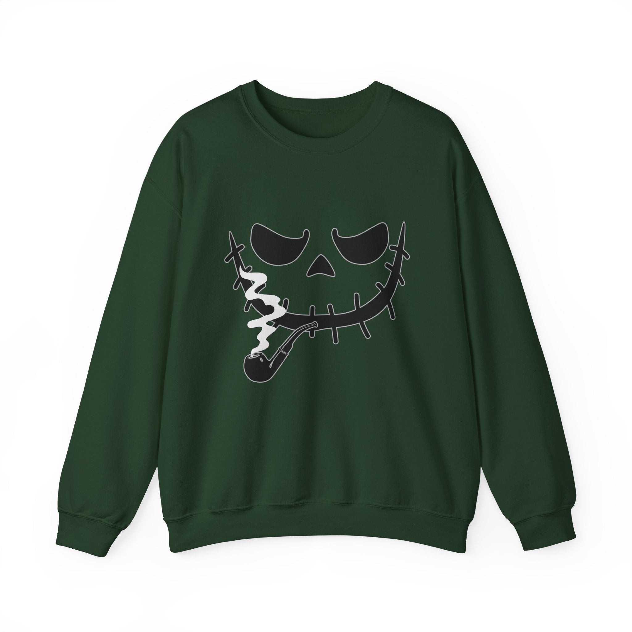 Forest green sweatshirt with a smoking monster skull design on a white background