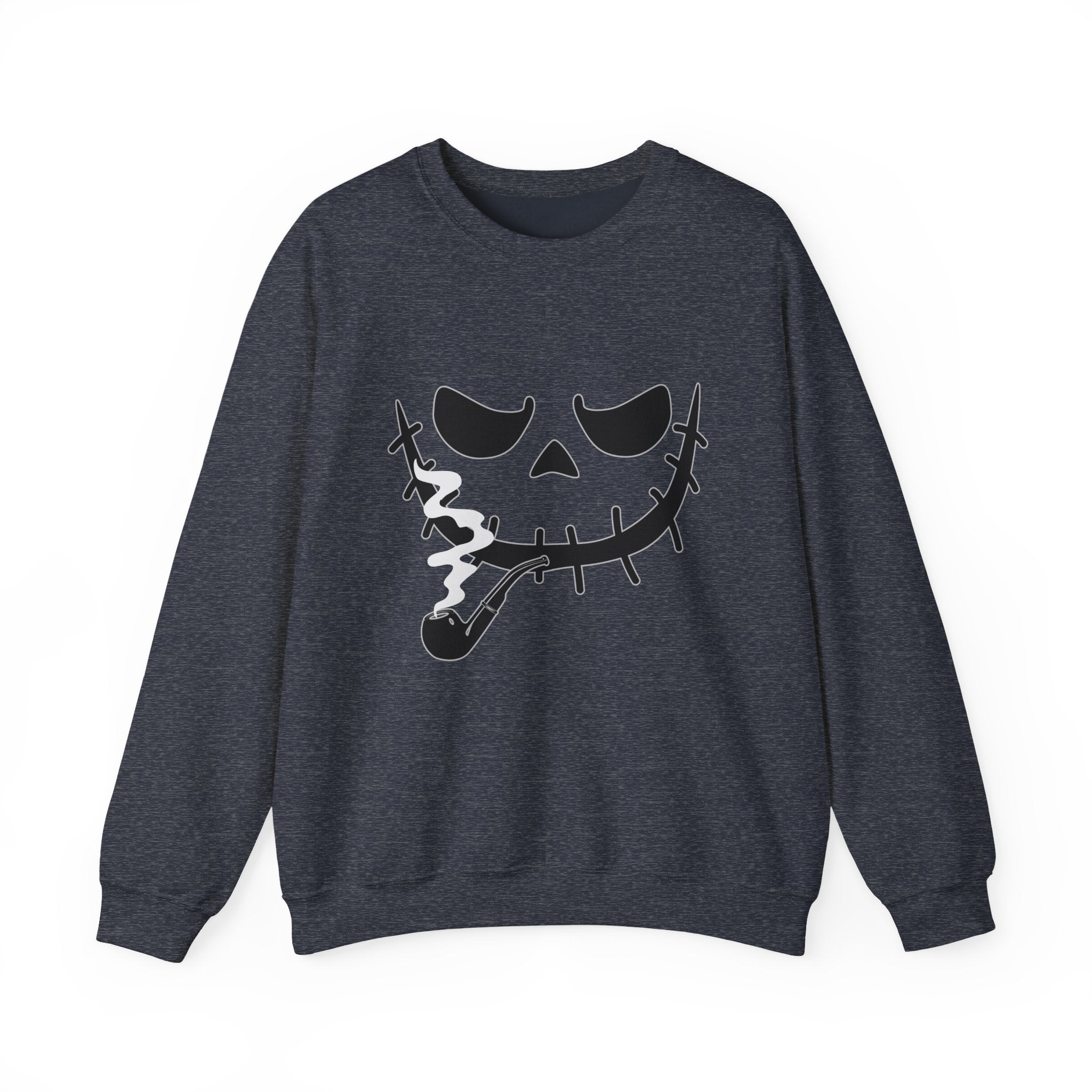 Dark gray sweatshirt with a smoking monster skull design on a white background