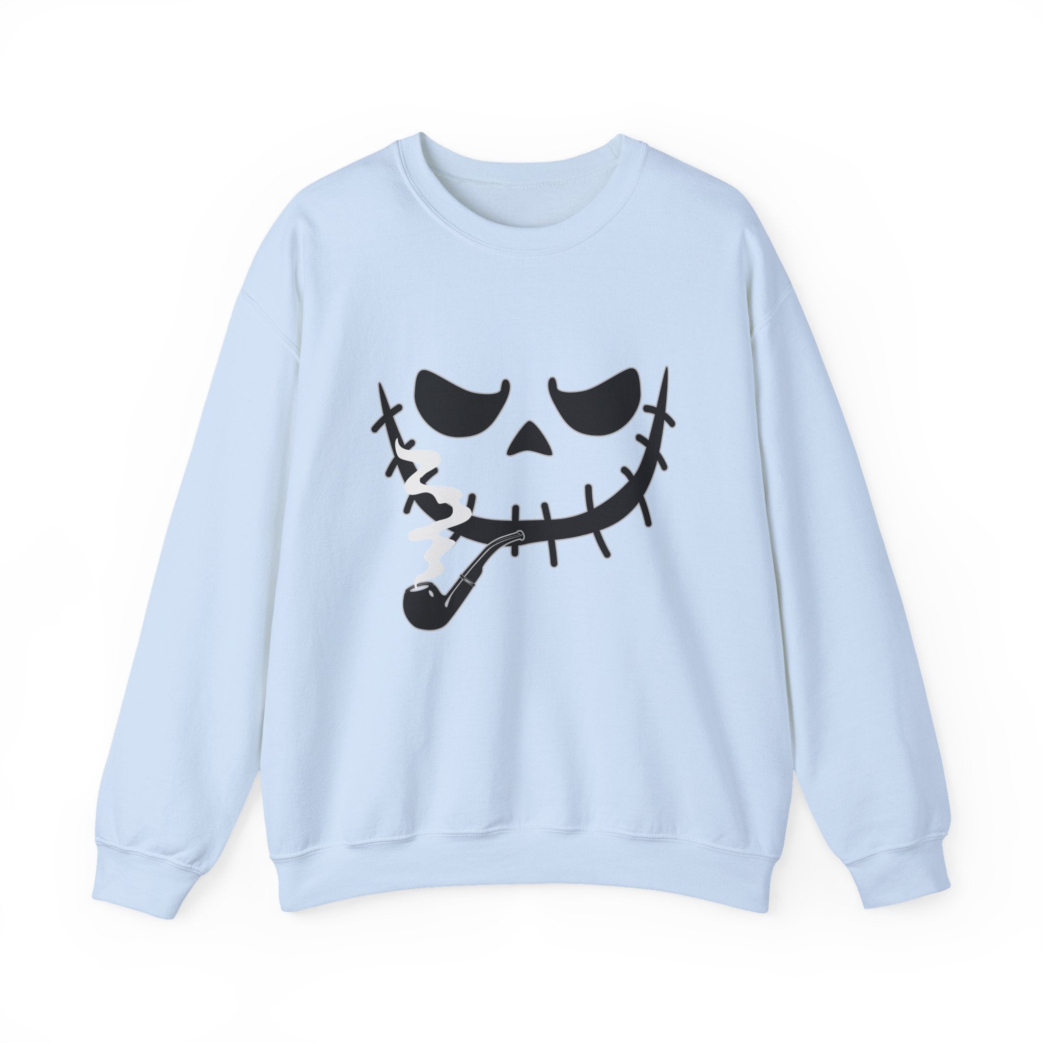 Light blue sweatshirt with a smoking monster skull design on a white background