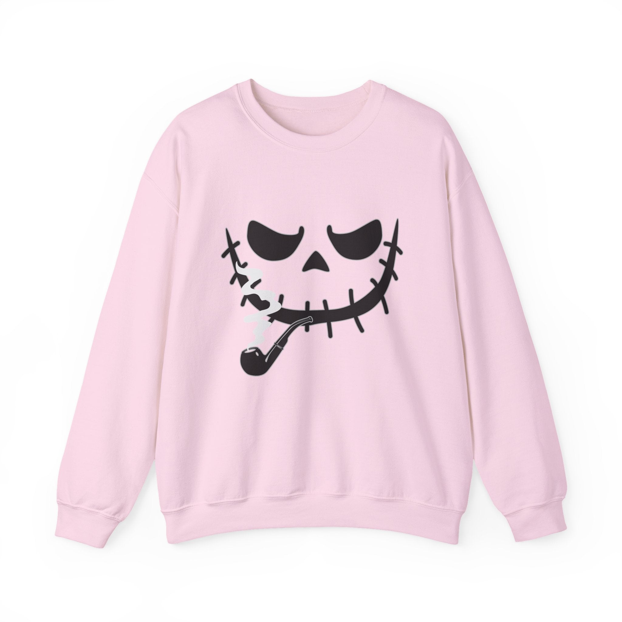 Pink sweatshirt with a smoking monster skull design on a white background
