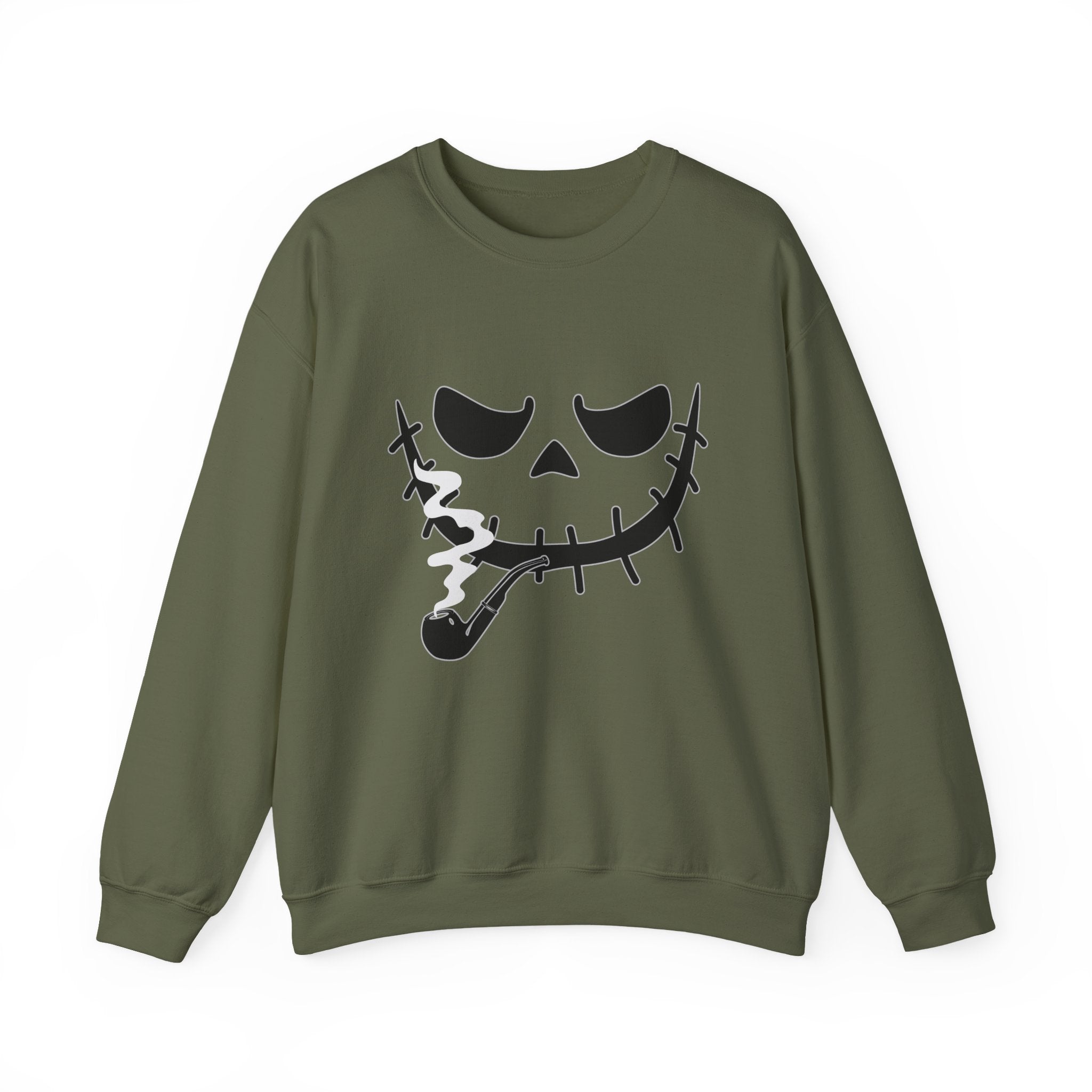 Military green sweatshirt with a smoking monster skull design on a white background
