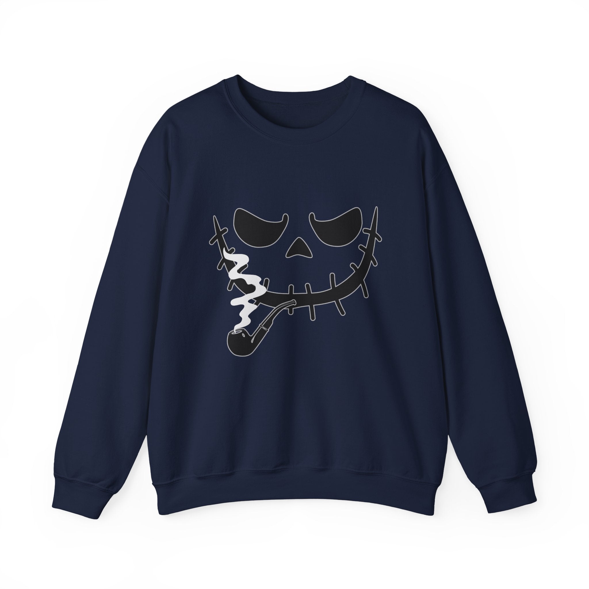 Navy blue sweatshirt with a smoking monster skull design on a white background