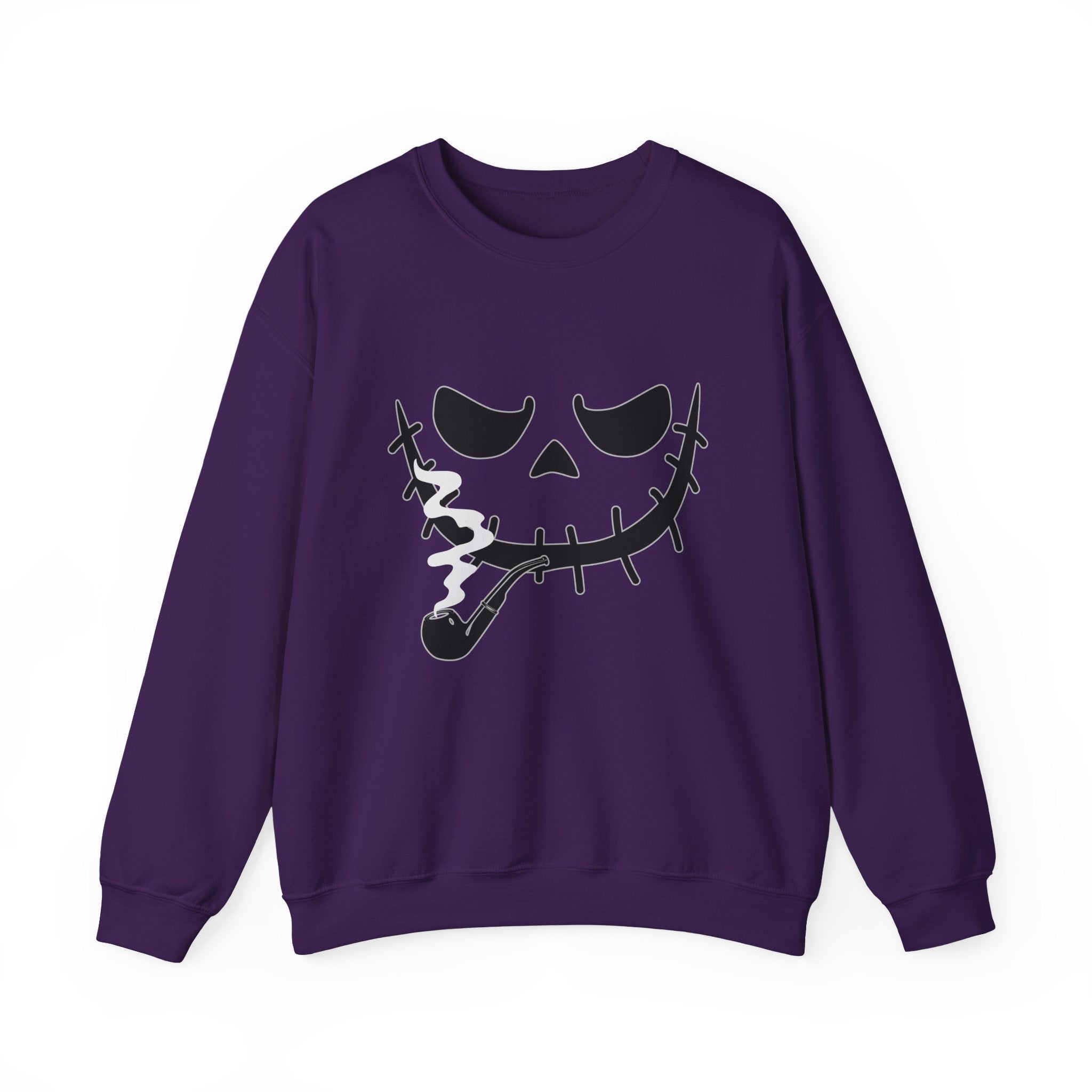 Purple sweatshirt with a smoking monster skull design on a white background