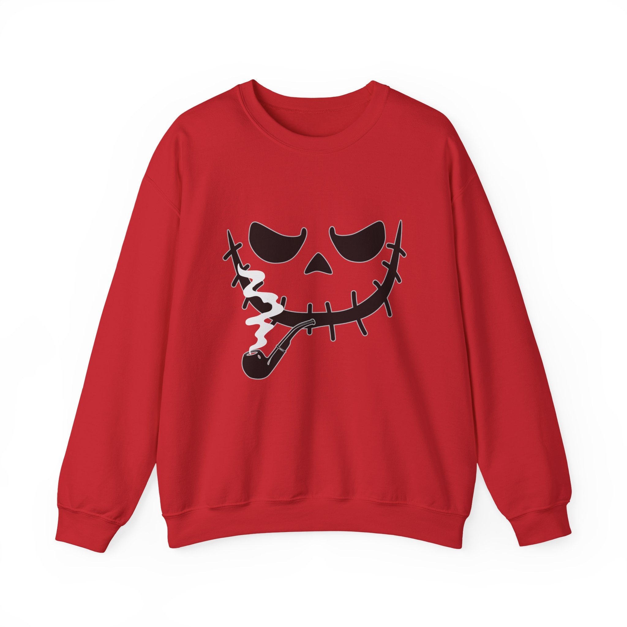 Red sweatshirt with a smoking monster skull design on a white background