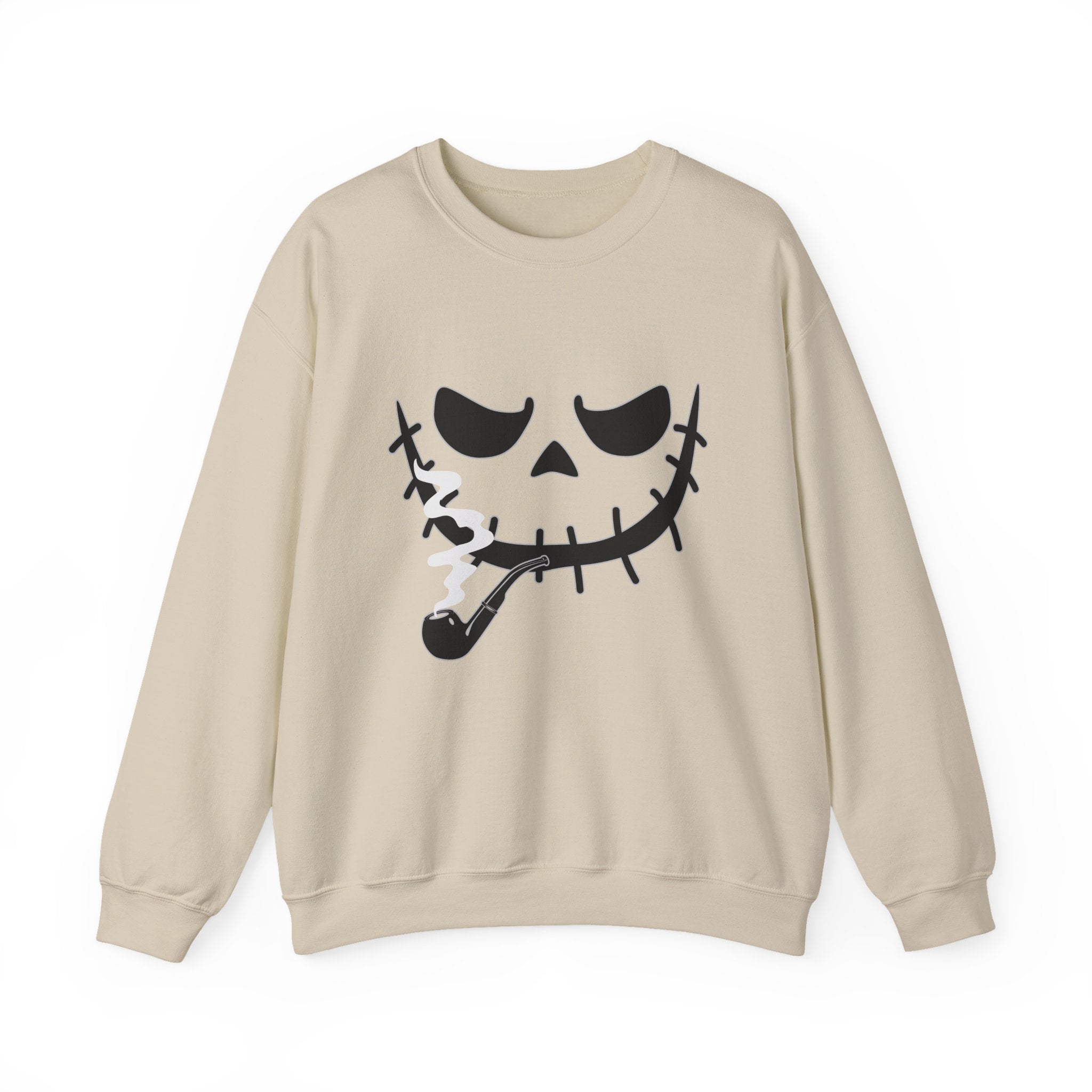 Beige sweatshirt with a smoking monster skull design on a white background