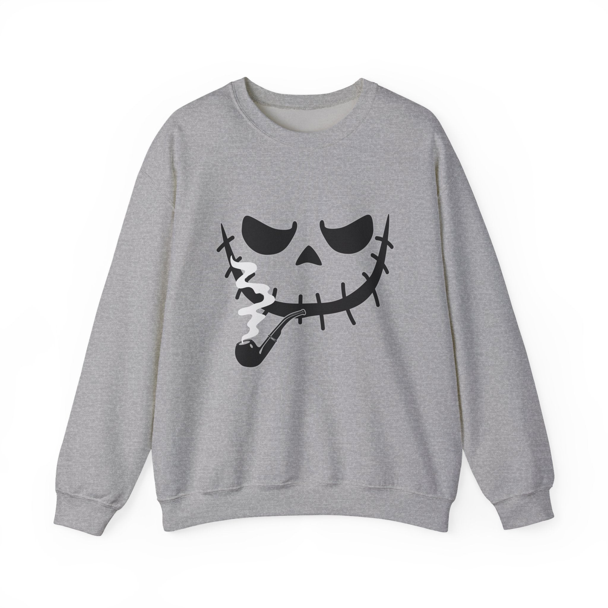Gray sweatshirt with a smoking monster skull design on a white background