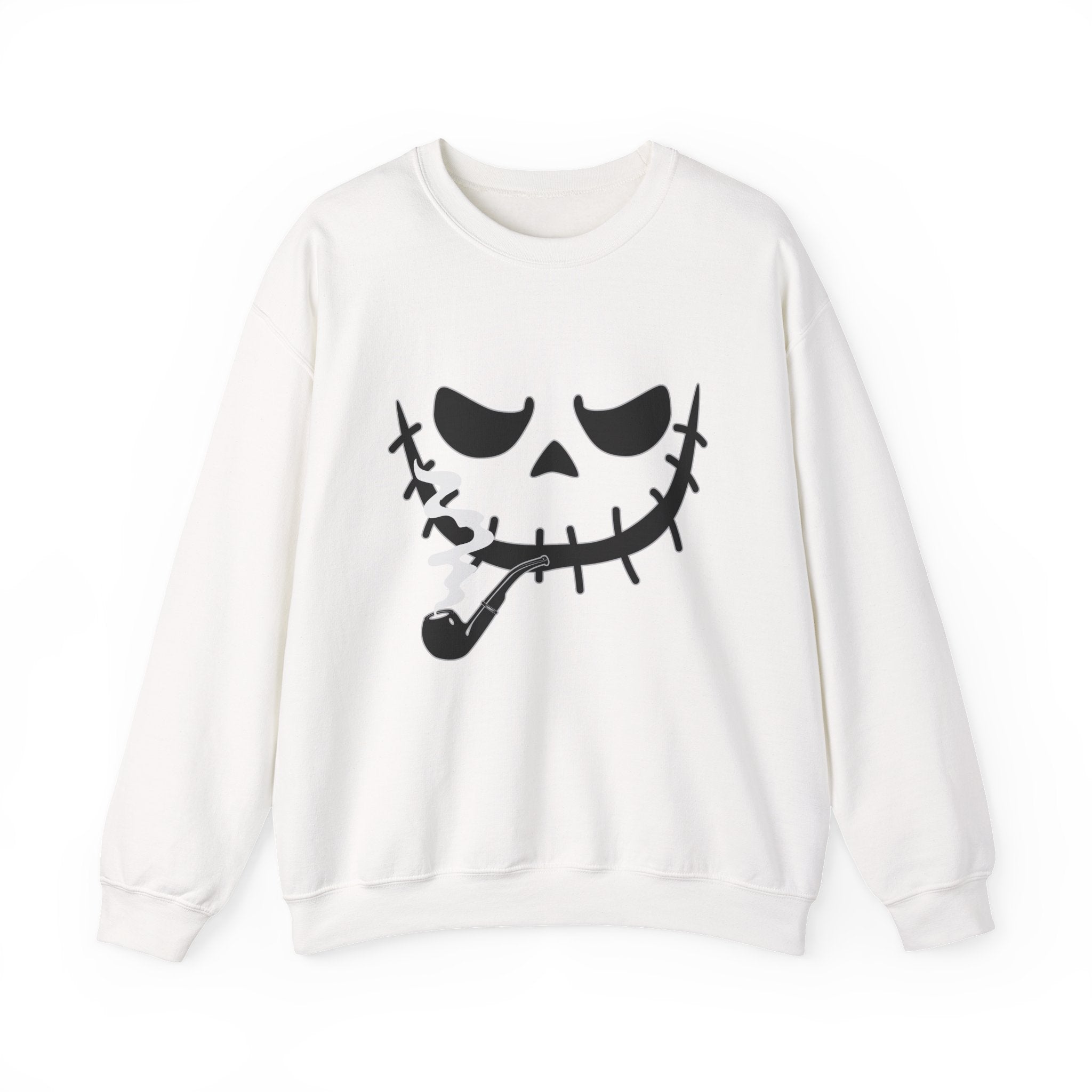 White sweatshirt with a smoking monster skull design on a white background