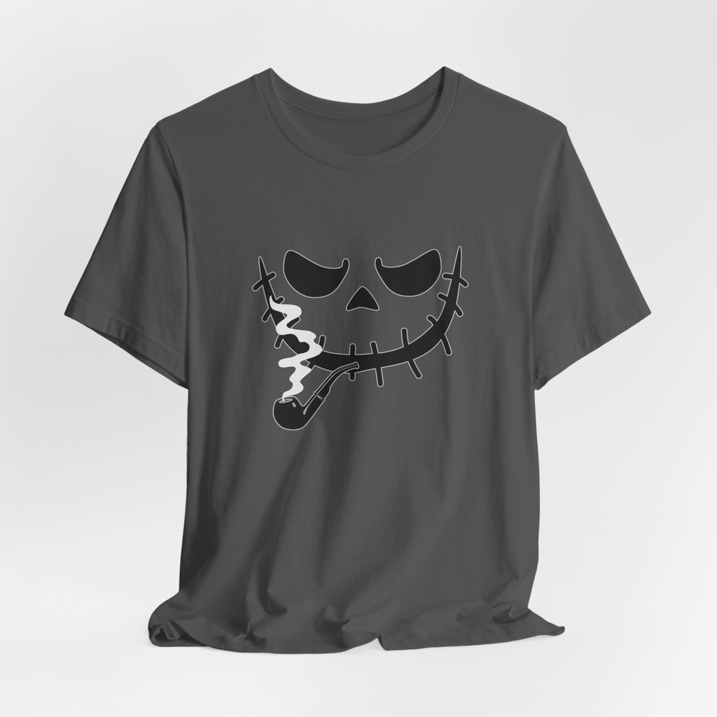 Asphalt gray t-shirt featuring smoking scary monster graphics on a light gray background