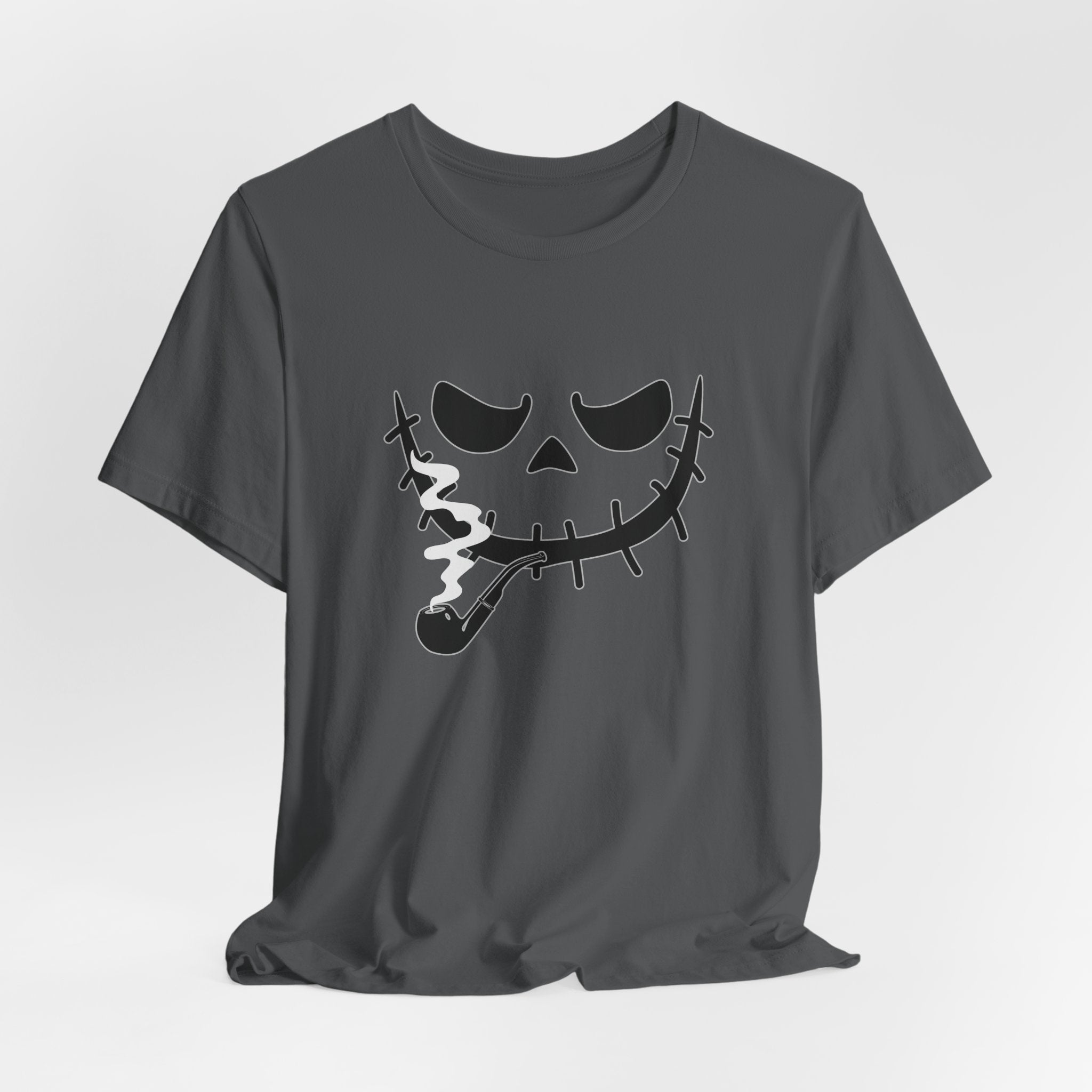 Asphalt gray t-shirt featuring smoking scary monster graphics on a light gray background