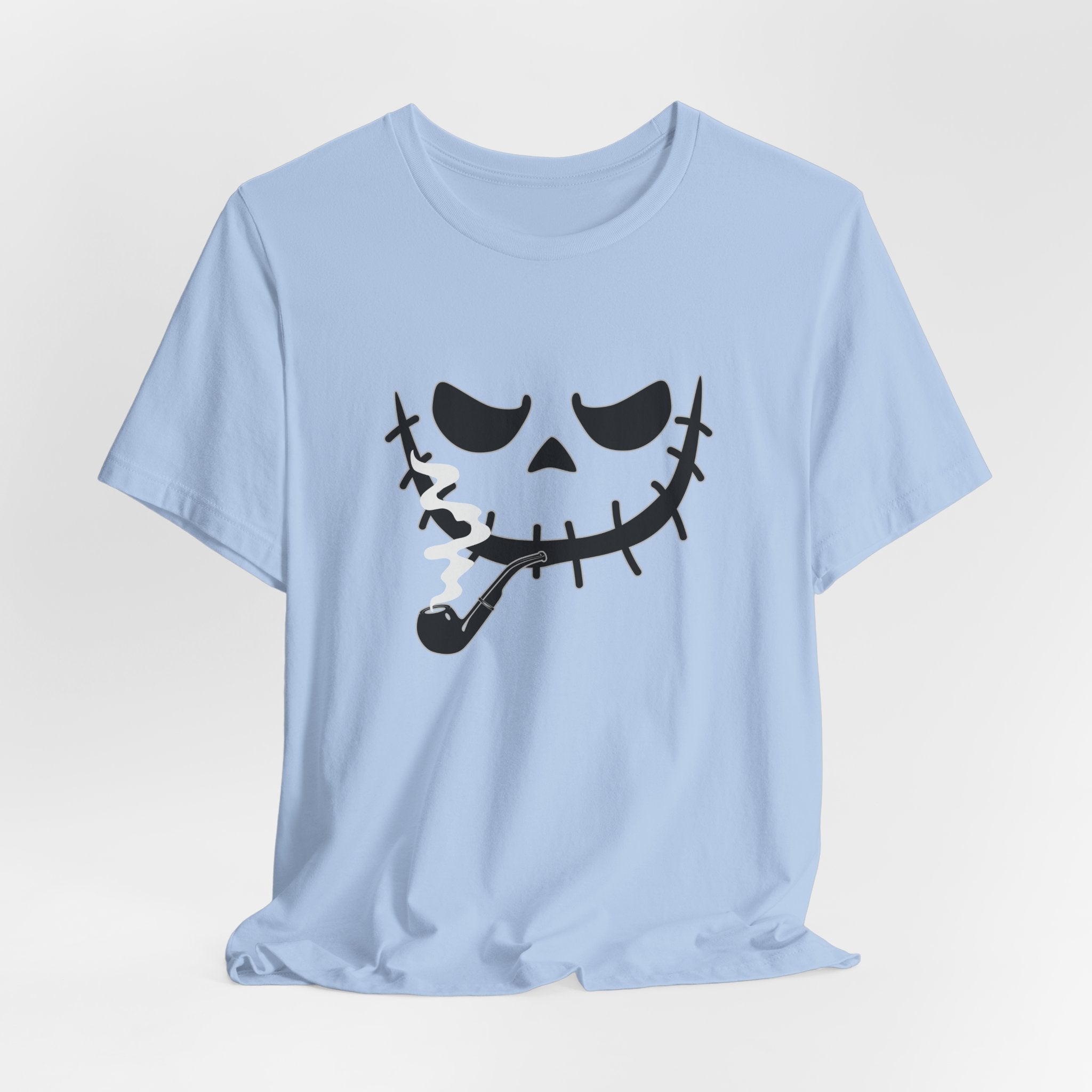 Light blue t-shirt featuring smoking scary monster graphics on a light gray background