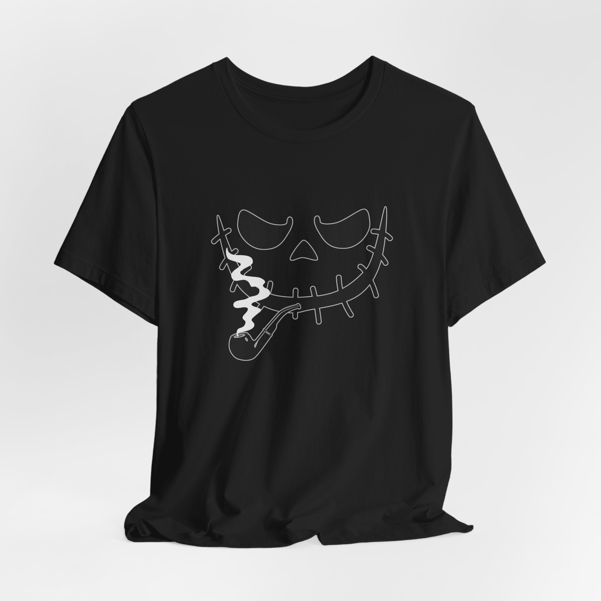Black t-shirt featuring smoking scary monster graphics on a light gray background