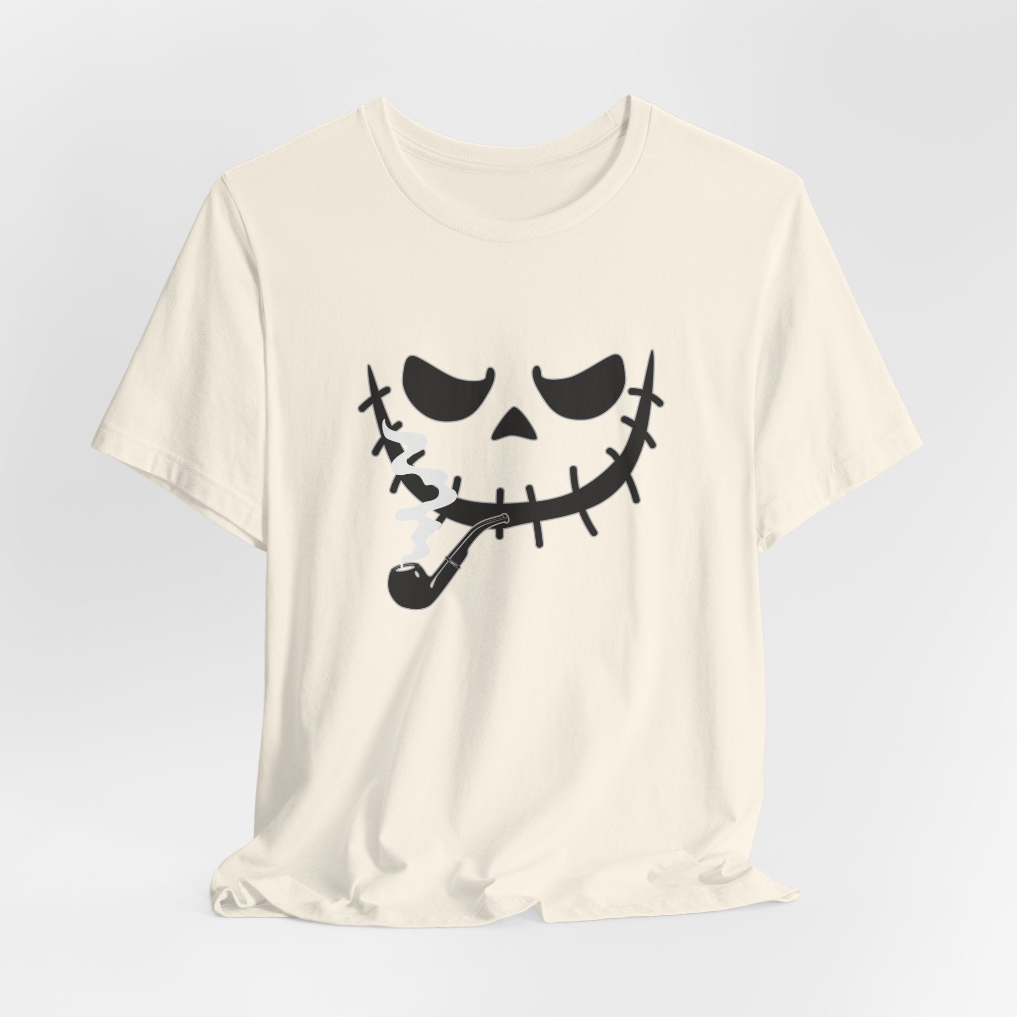Ivory beige t-shirt featuring smoking scary monster graphics on a light gray background