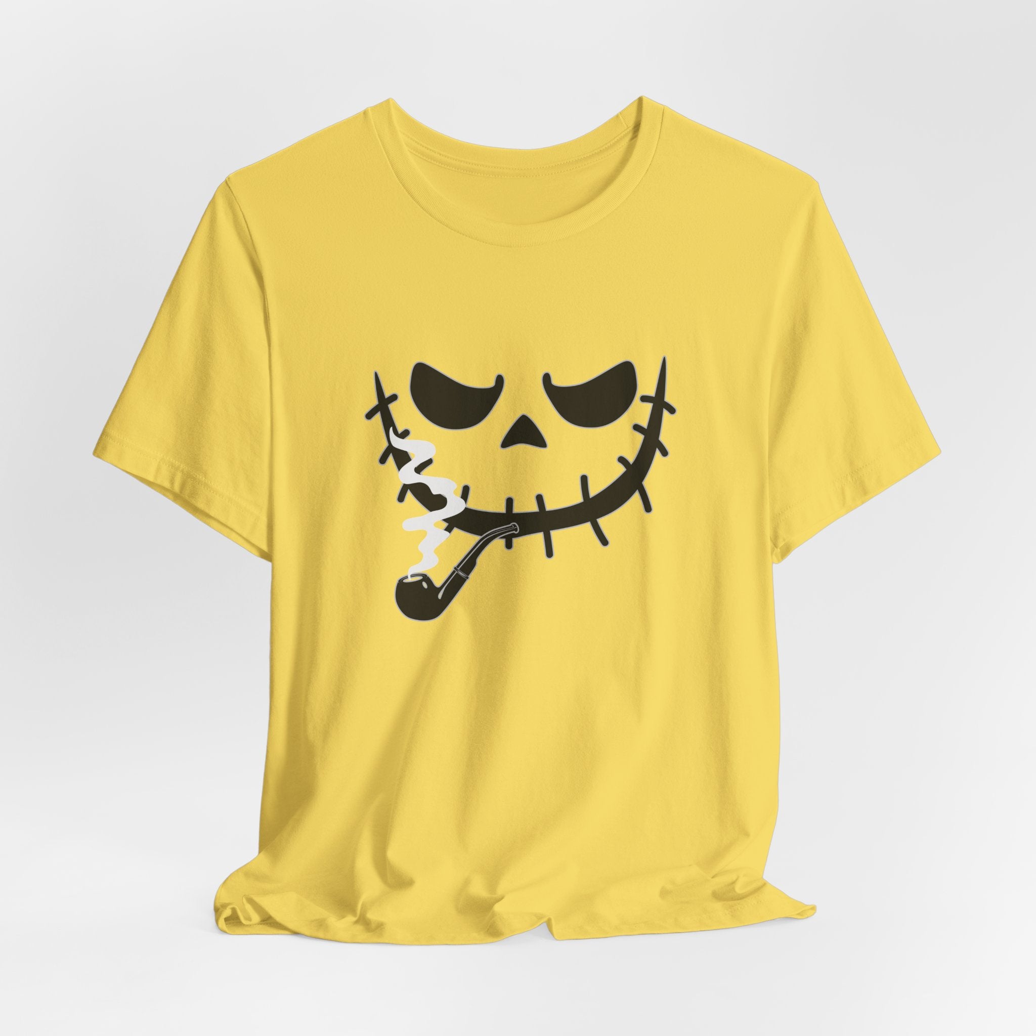 Maze yellow t-shirt featuring smoking scary monster graphics on a light gray background