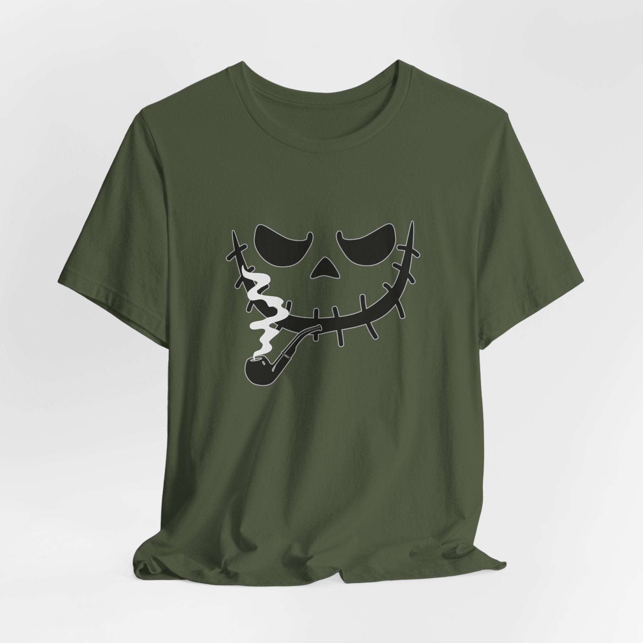 Military green t-shirt featuring smoking scary monster graphics on a light gray background