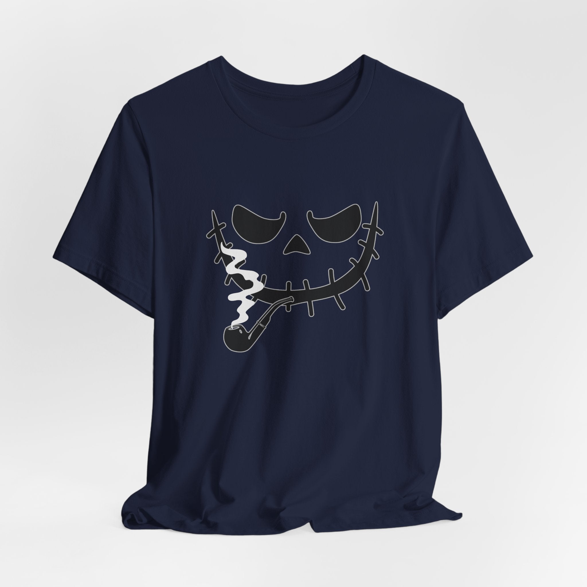 Navy blue t-shirt featuring smoking scary monster graphics on a light gray background