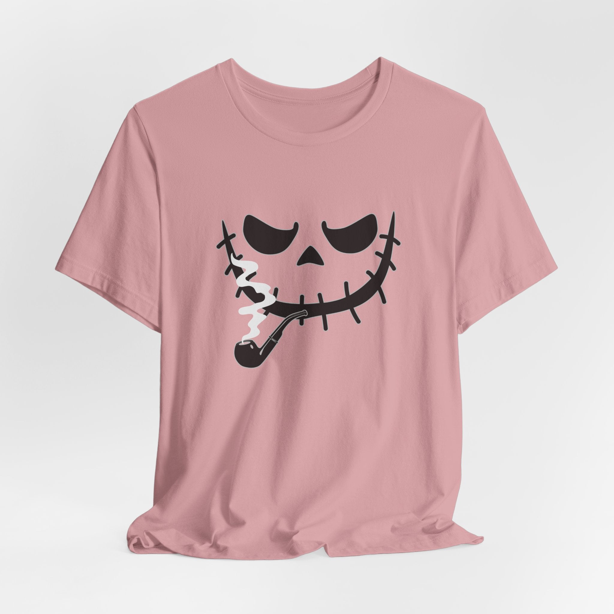 Orchid pink t-shirt featuring smoking scary monster graphics on a light gray background