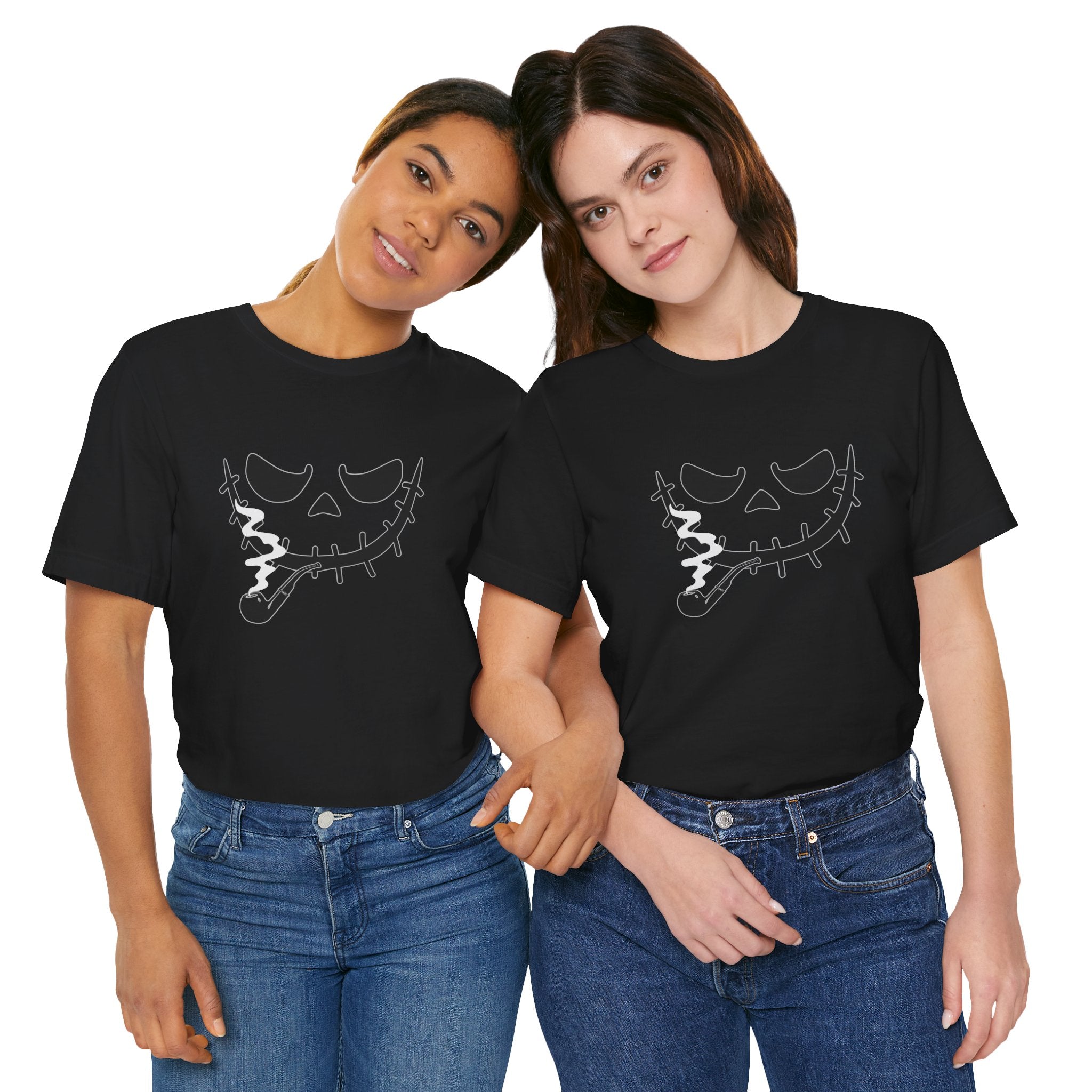 Two people wearing black t-shirts with a white graphic design on a white background