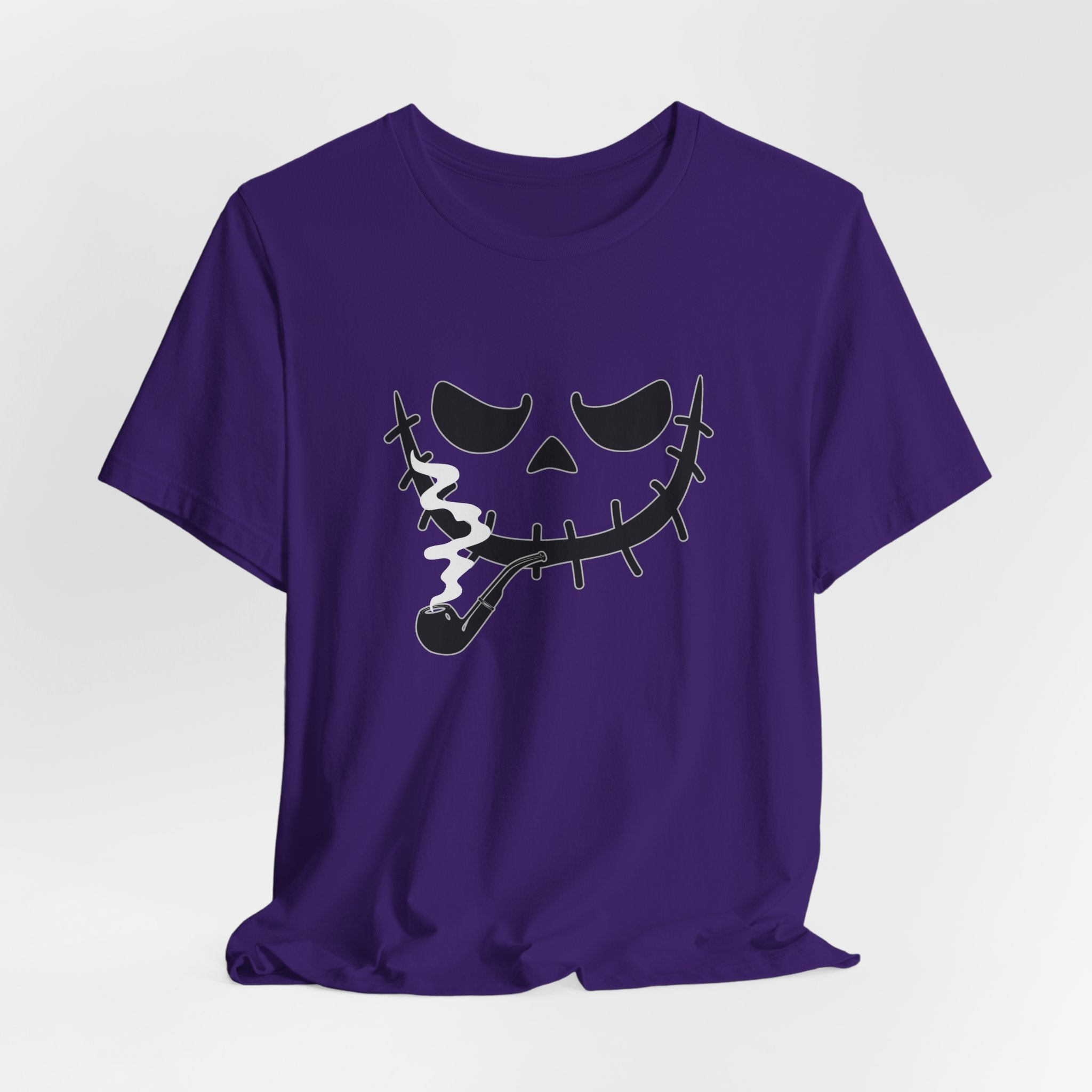 Purple t-shirt featuring smoking scary monster graphics on a light gray background