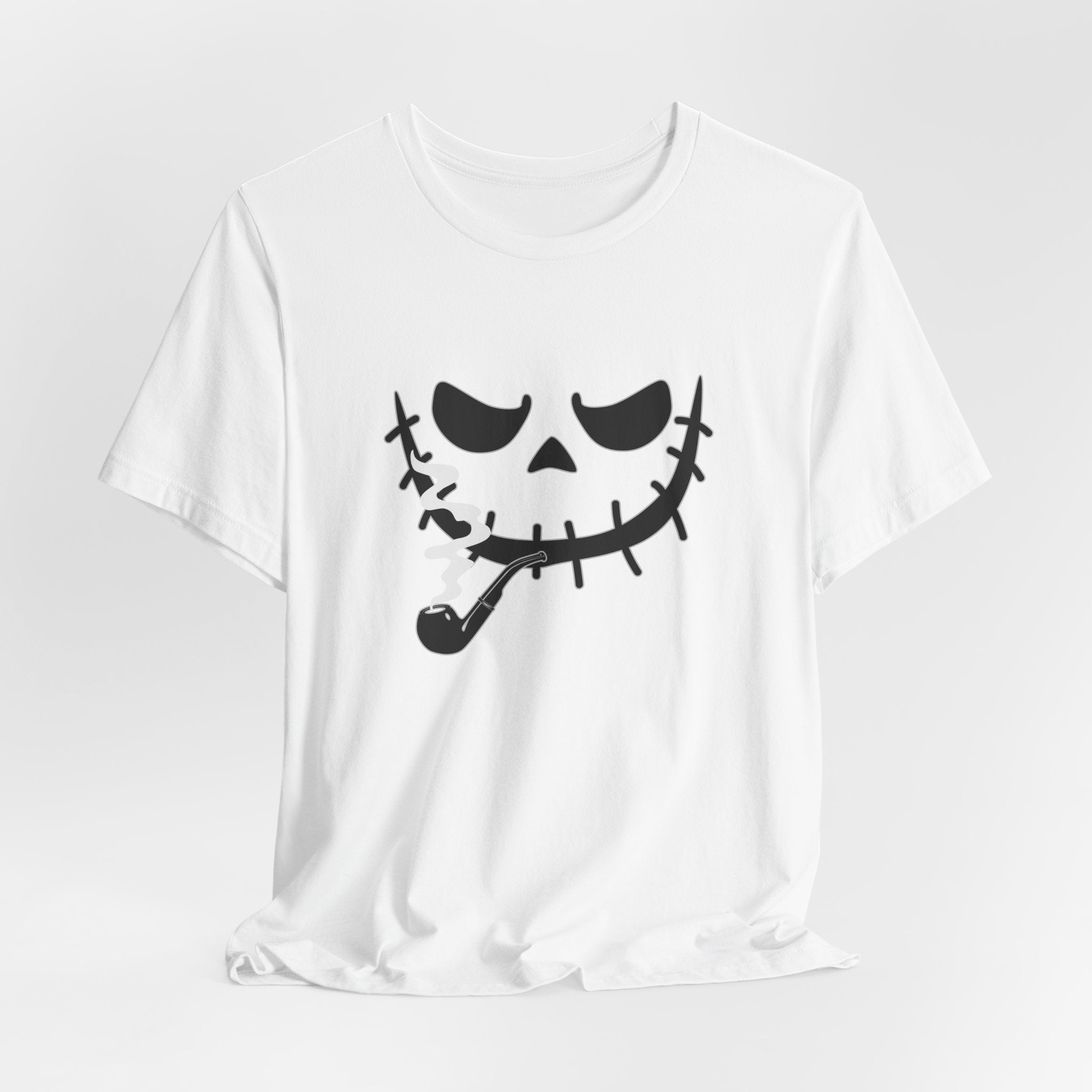 White t-shirt featuring smoking scary monster graphics on a light gray background