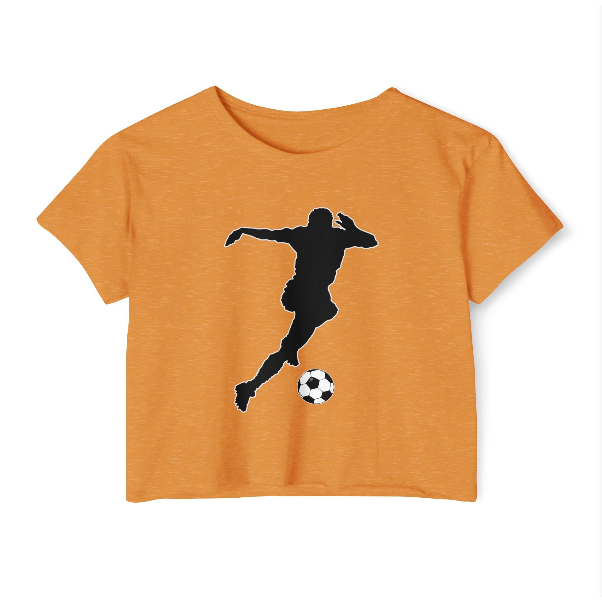 Antique gold orange t-shirt with black silhouette of a soccer player and ball on a white background
