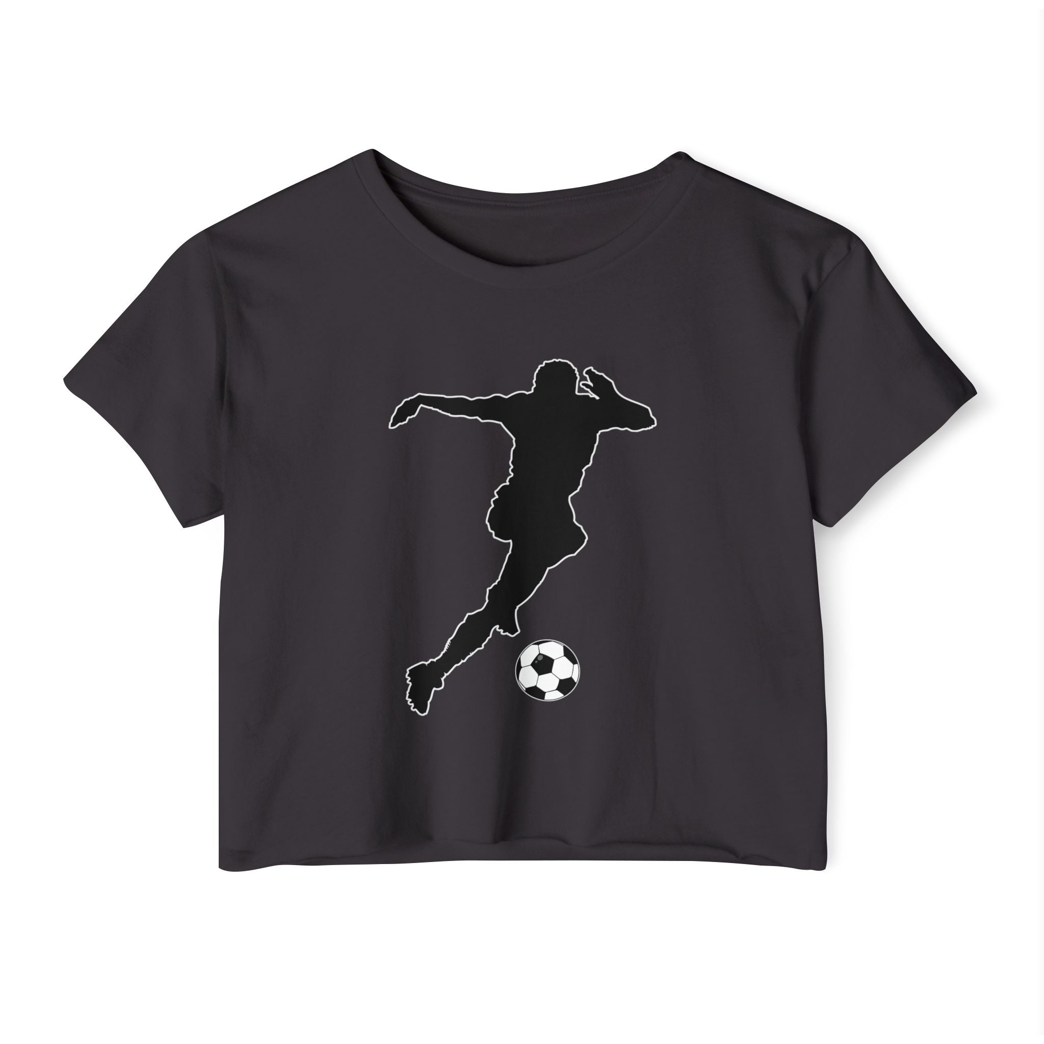 Black t-shirt with a soccer player silhouette and ball design on a white background
