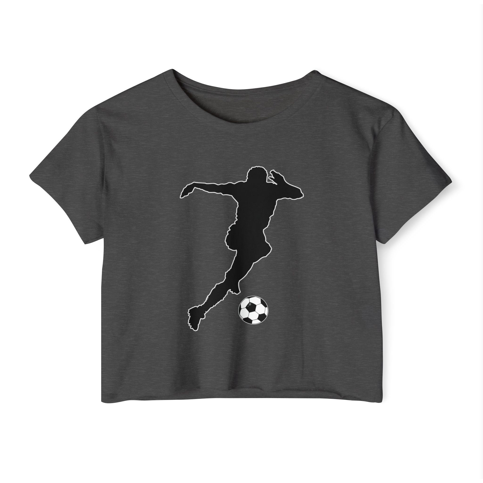 Charcoal gray t-shirt with a black silhouette of a soccer player kicking a ball on a white background