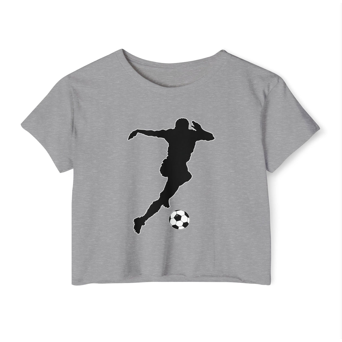 Gray t-shirt with a black silhouette of a soccer player kicking a ball on a white background
