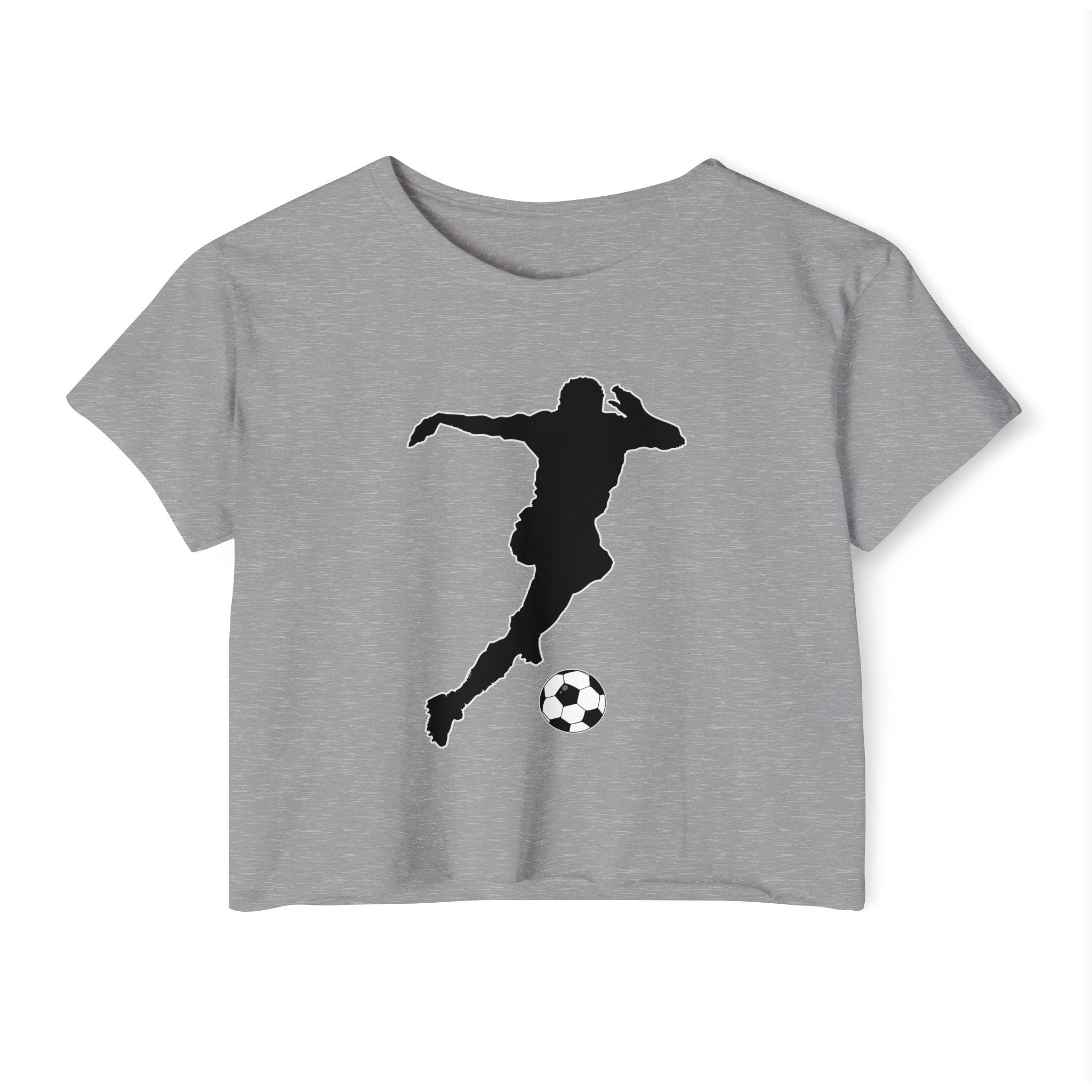 Gray t-shirt with a black silhouette of a soccer player kicking a ball on a white background