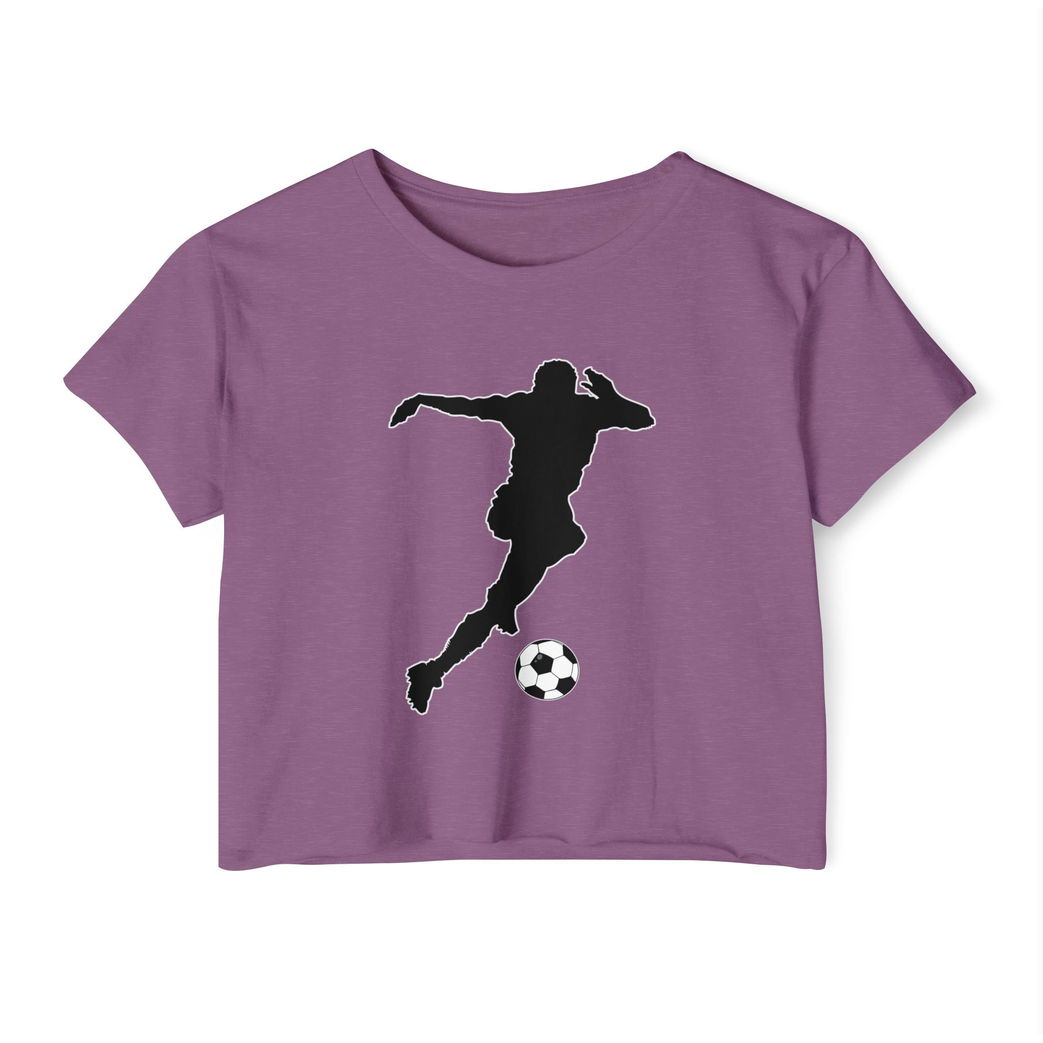 Shiraz purple t-shirt with a black silhouette of a soccer player kicking a ball on a white background