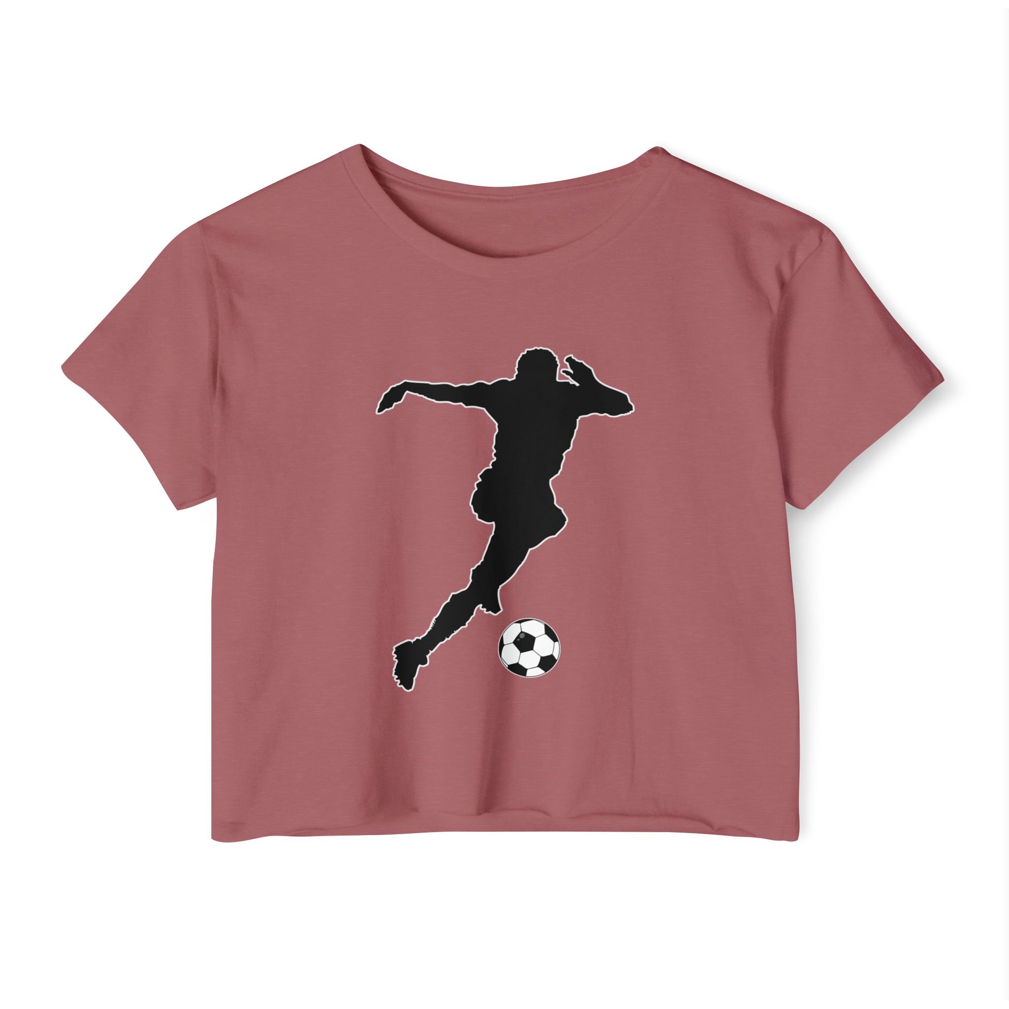 Smoked paprika t-shirt with a black silhouette of a soccer player and ball on a white background