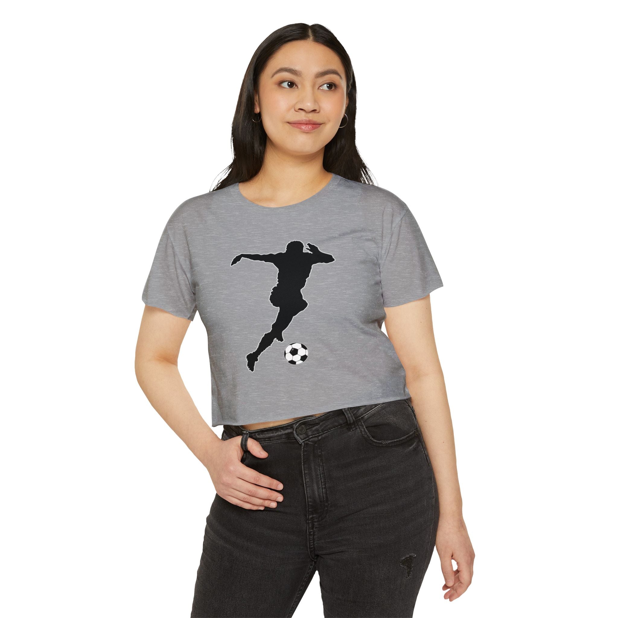 Woman wearing a gray t-shirt with a black silhouette design on a white background