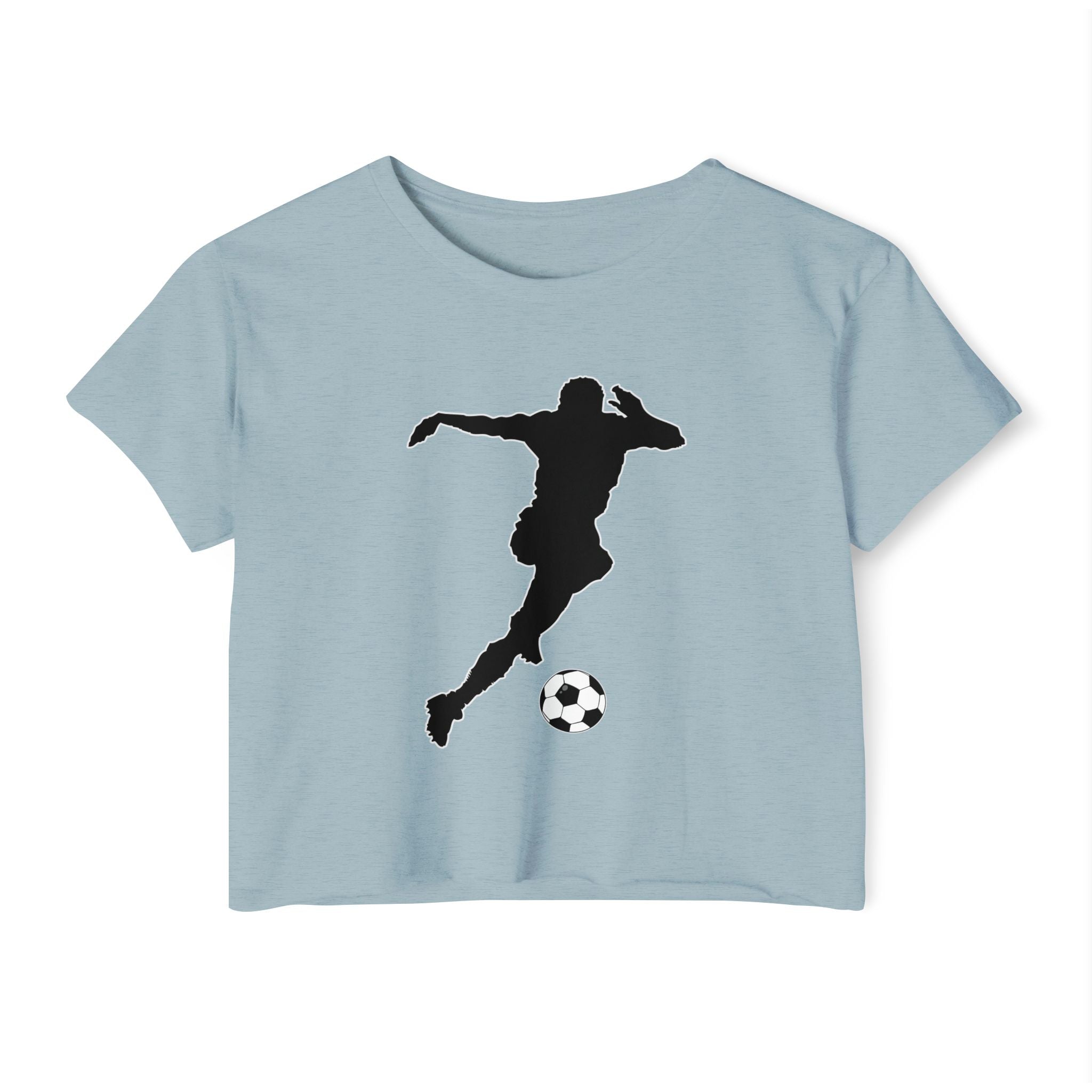 Stonewash denim light blue t-shirt with a black silhouette of a soccer player kicking a ball on a white background