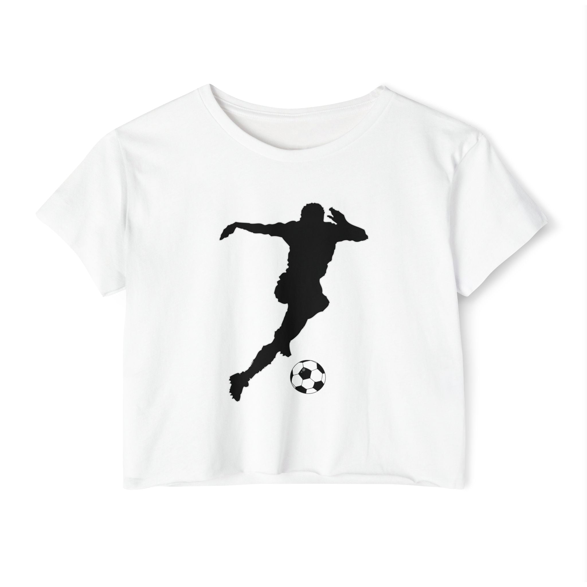 White t-shirt with black silhouette of a soccer player and ball on a white background
