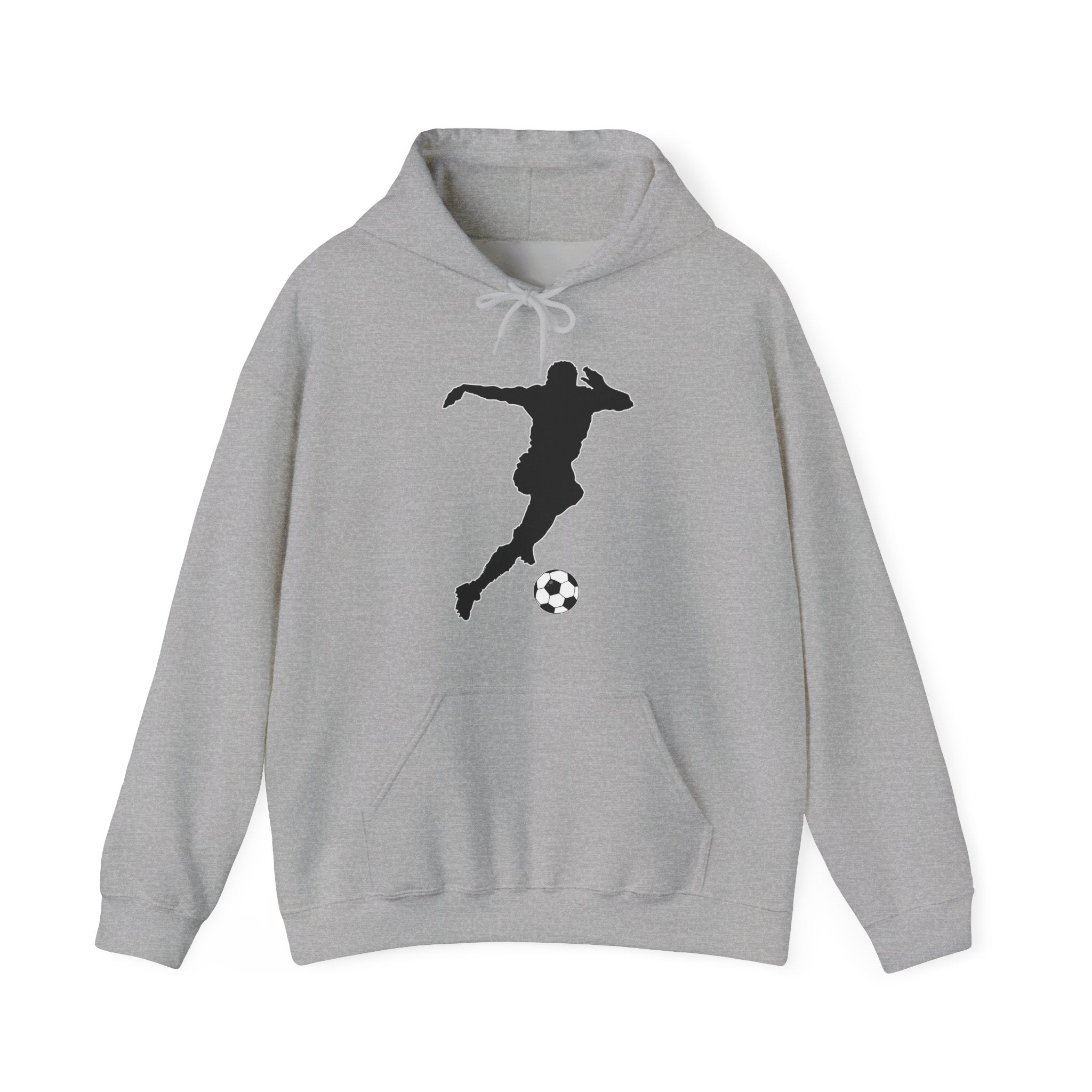 Gray hoodie with a black silhouette of a soccer player and ball on a white background