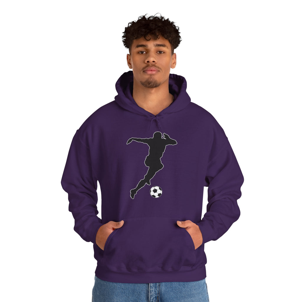 Person wearing a purple hoodie with a black silhouette design on a white background