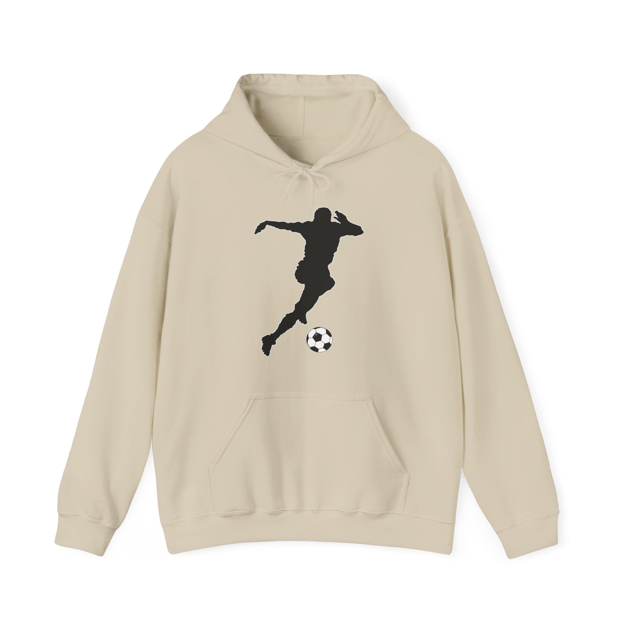 Beige hoodie with a black silhouette of a soccer player and ball on a white background