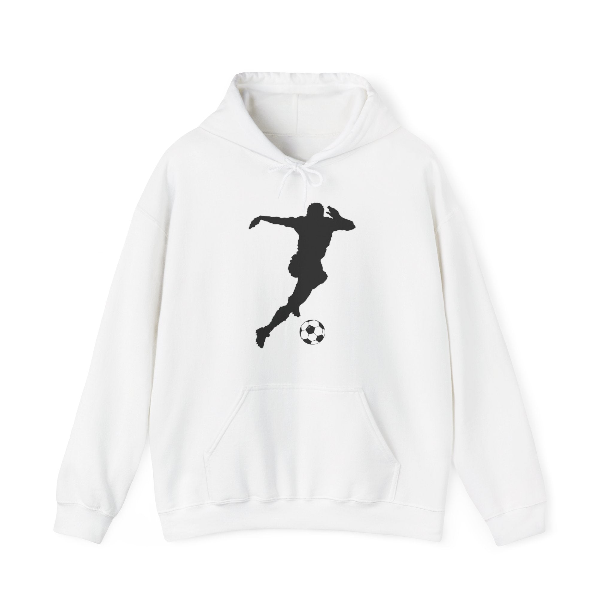 White hoodie with a black silhouette of a person playing soccer on a white background