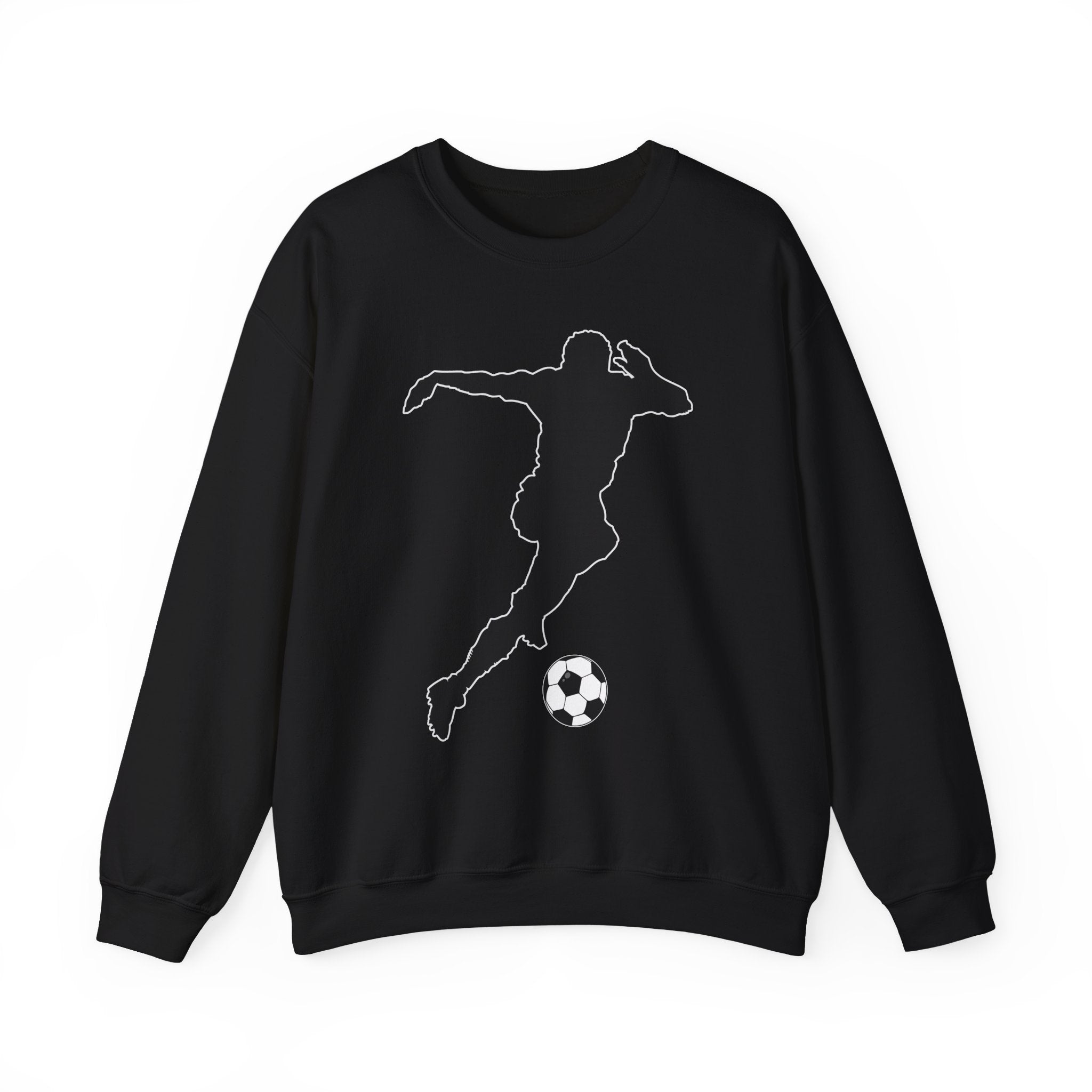 Black sweatshirt with a white outline of a soccer player and ball on a white background