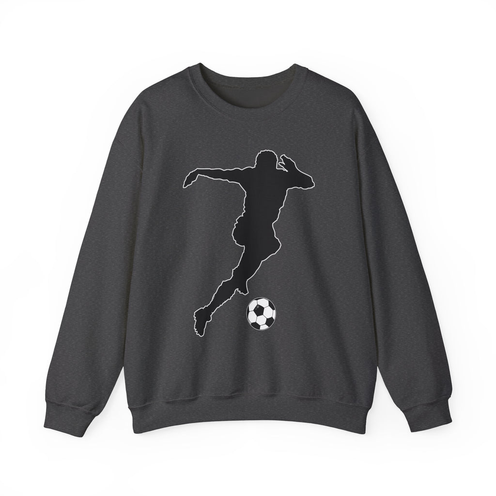 Dark heather gray sweatshirt with a black silhouette of a soccer player and ball on a white background