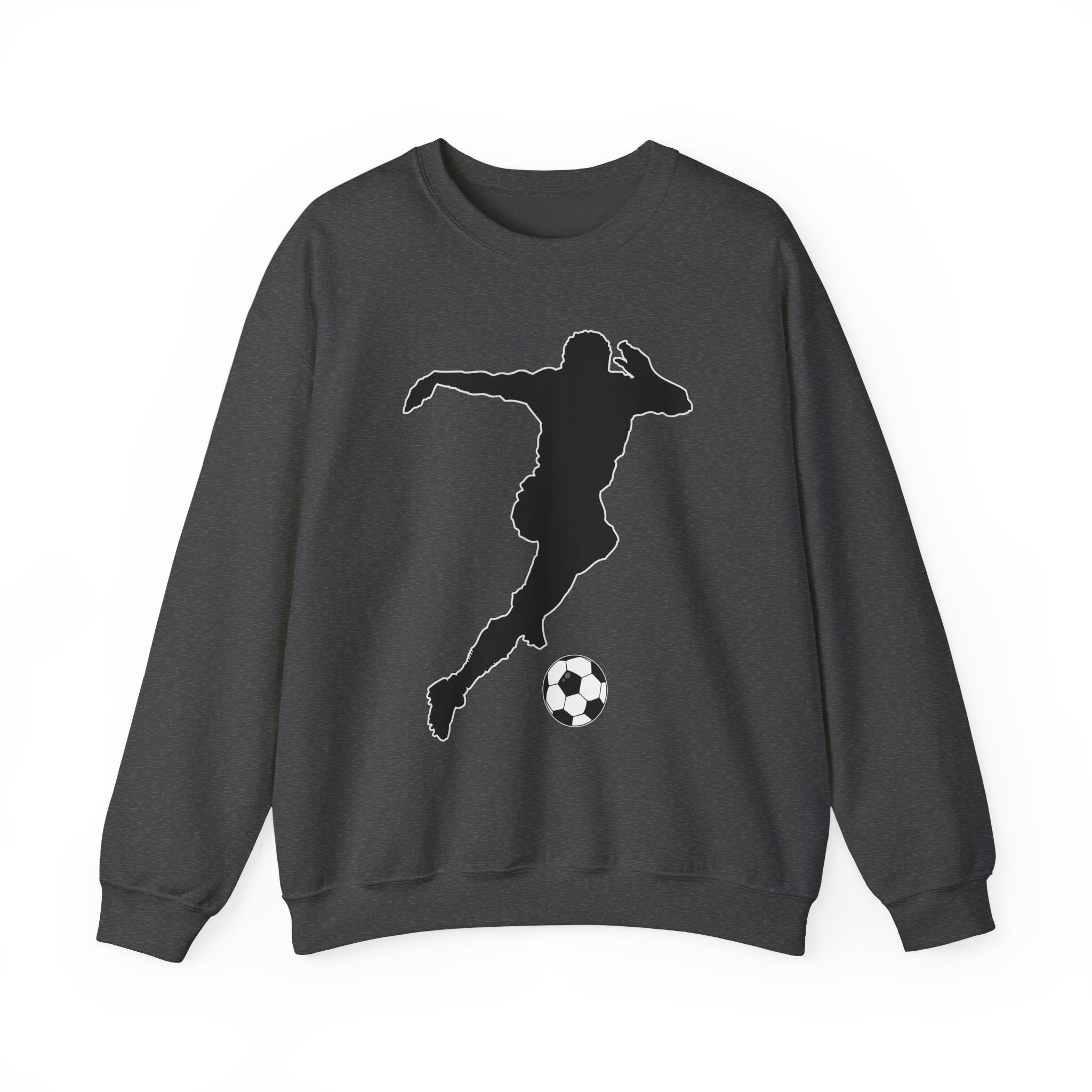 Dark heather gray sweatshirt with a black silhouette of a soccer player and ball on a white background