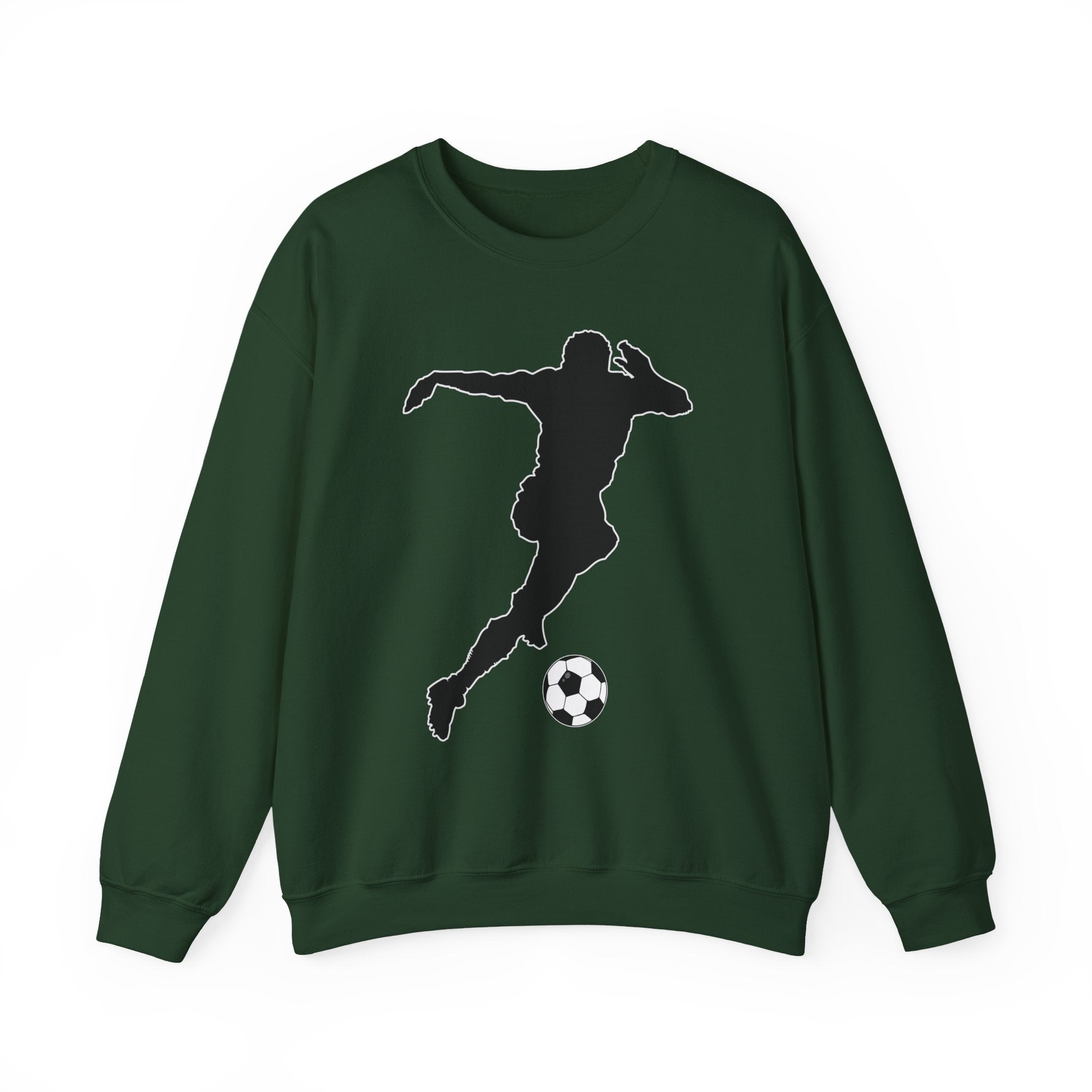 Forest green sweatshirt with a black silhouette of a soccer player kicking a ball on a white background
